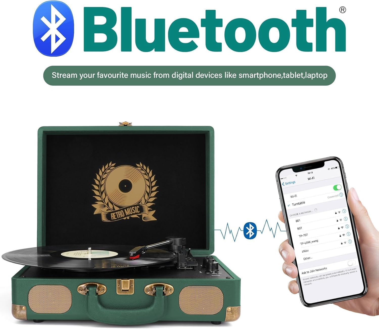 3-Speed Bluetooth Vinyl Record Player Portable Suitcase Turntable