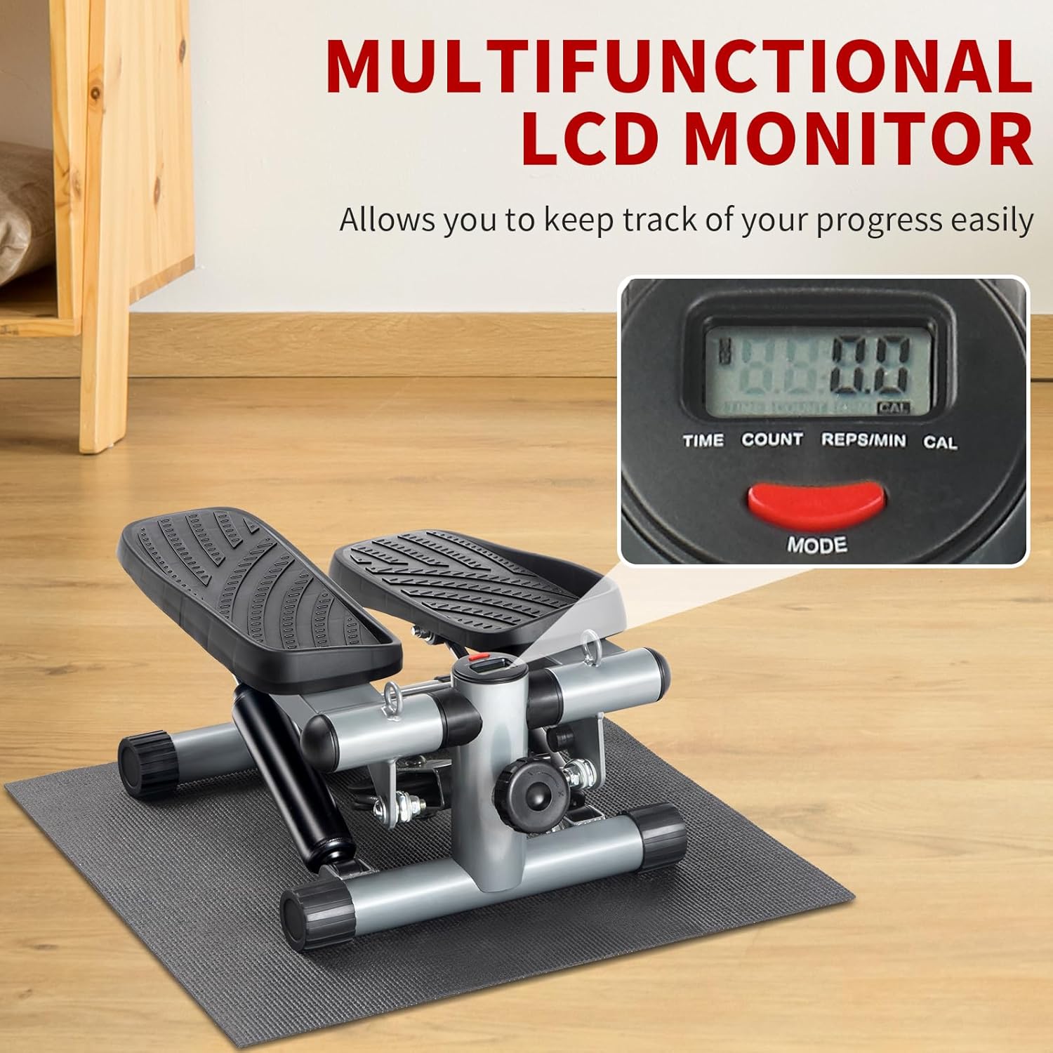 Mini Stepper Exercise Machine w/ Resistance Bands LCD Home Gym