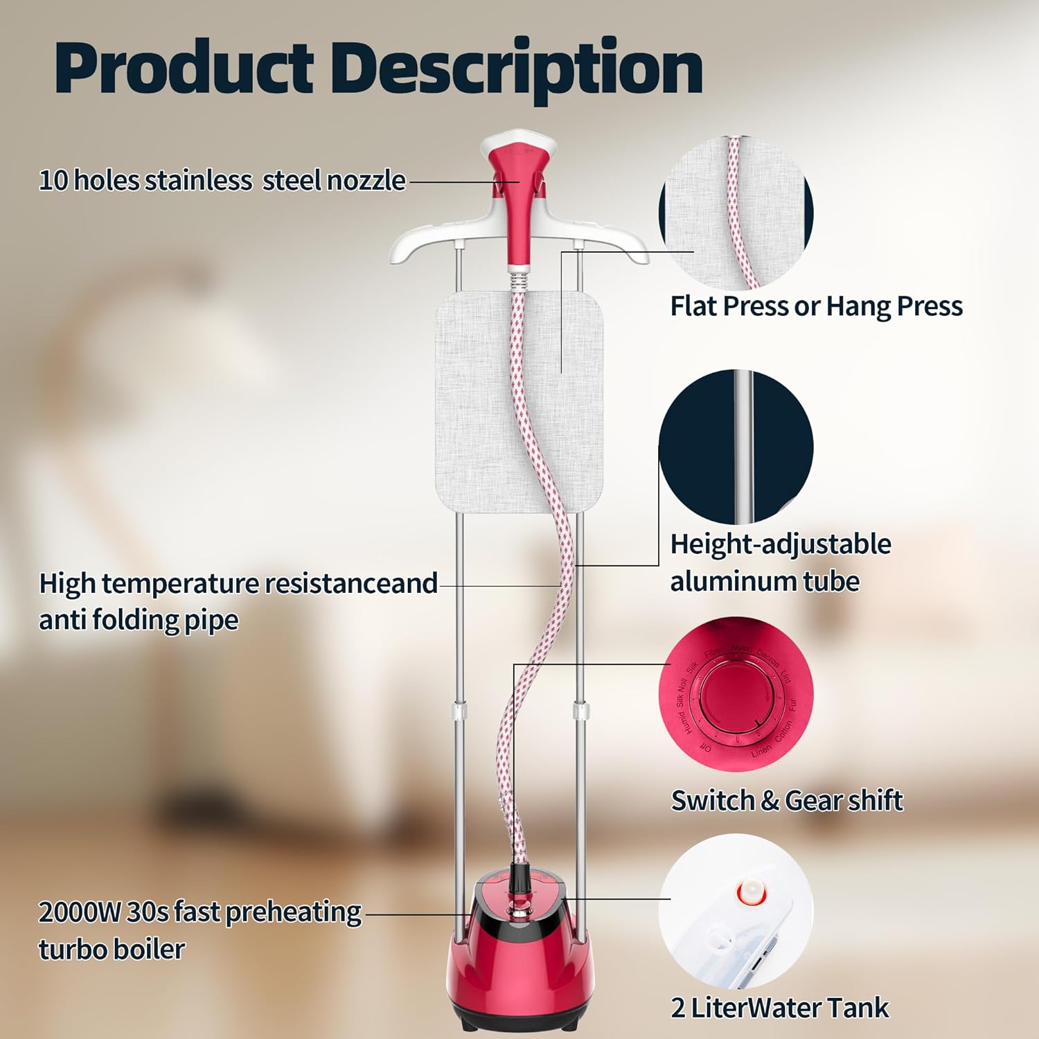 Upright Garment Steamer 2000W 2L Tank 10 Modes 30s Heat