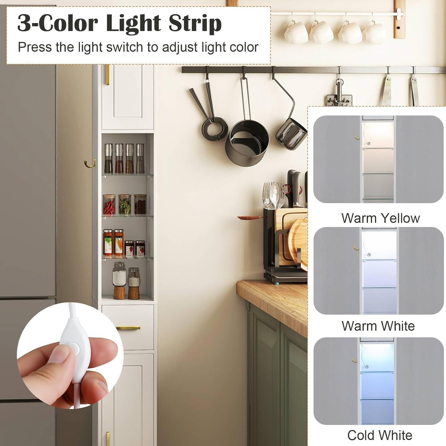 Tall Slim Storage Cabinet White LED Shelf Hook Unit