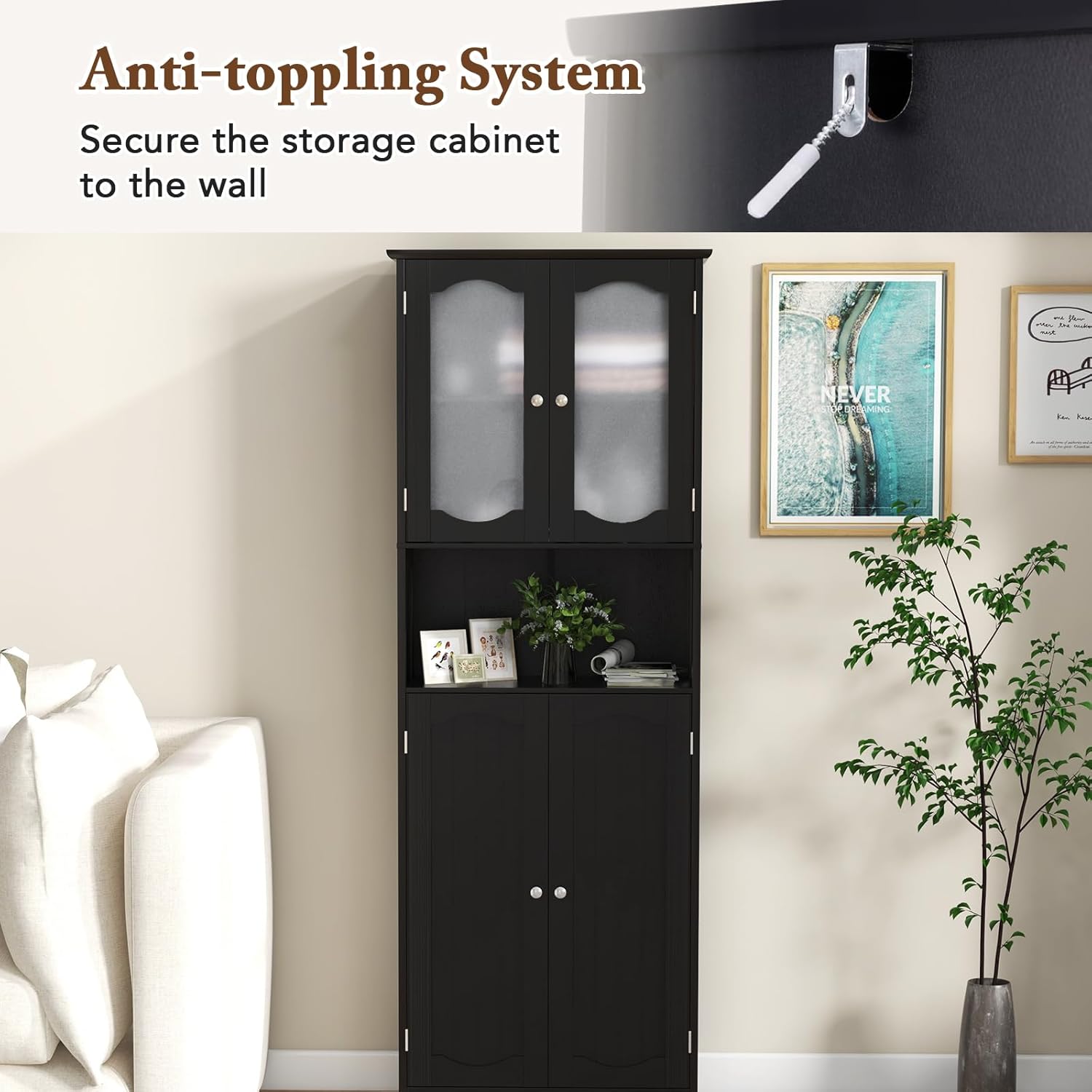 Tall Black Storage Cabinet Frost Glass Door Shelf Unit