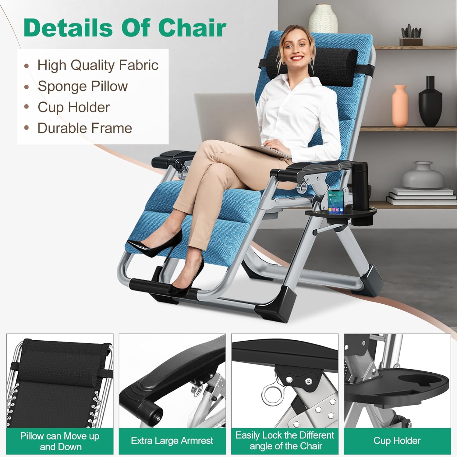 Zero Gravity Folding Sun Lounger Garden Recliner Chair Cushion Blue