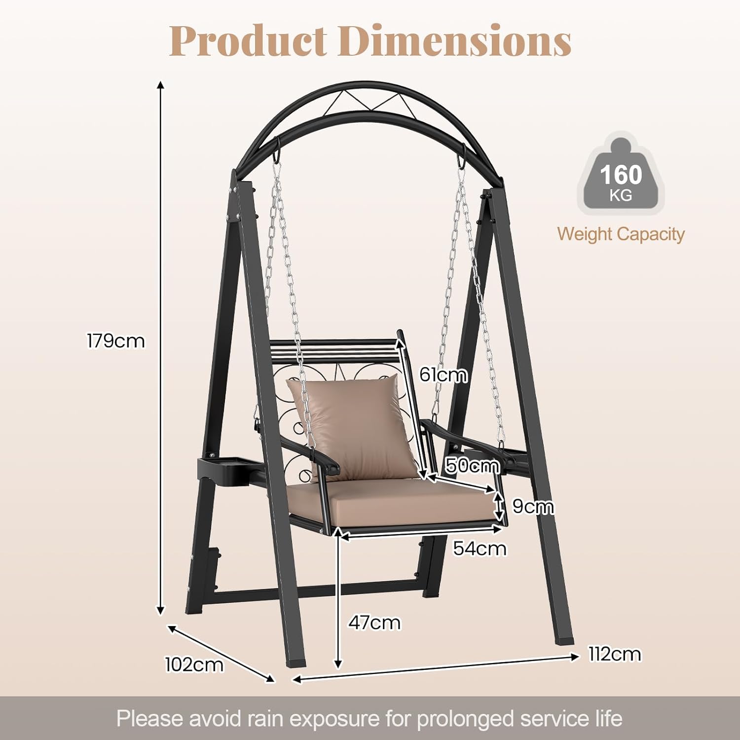Outdoor Porch Swing Chair with Stand Canopy Side Tables Beige