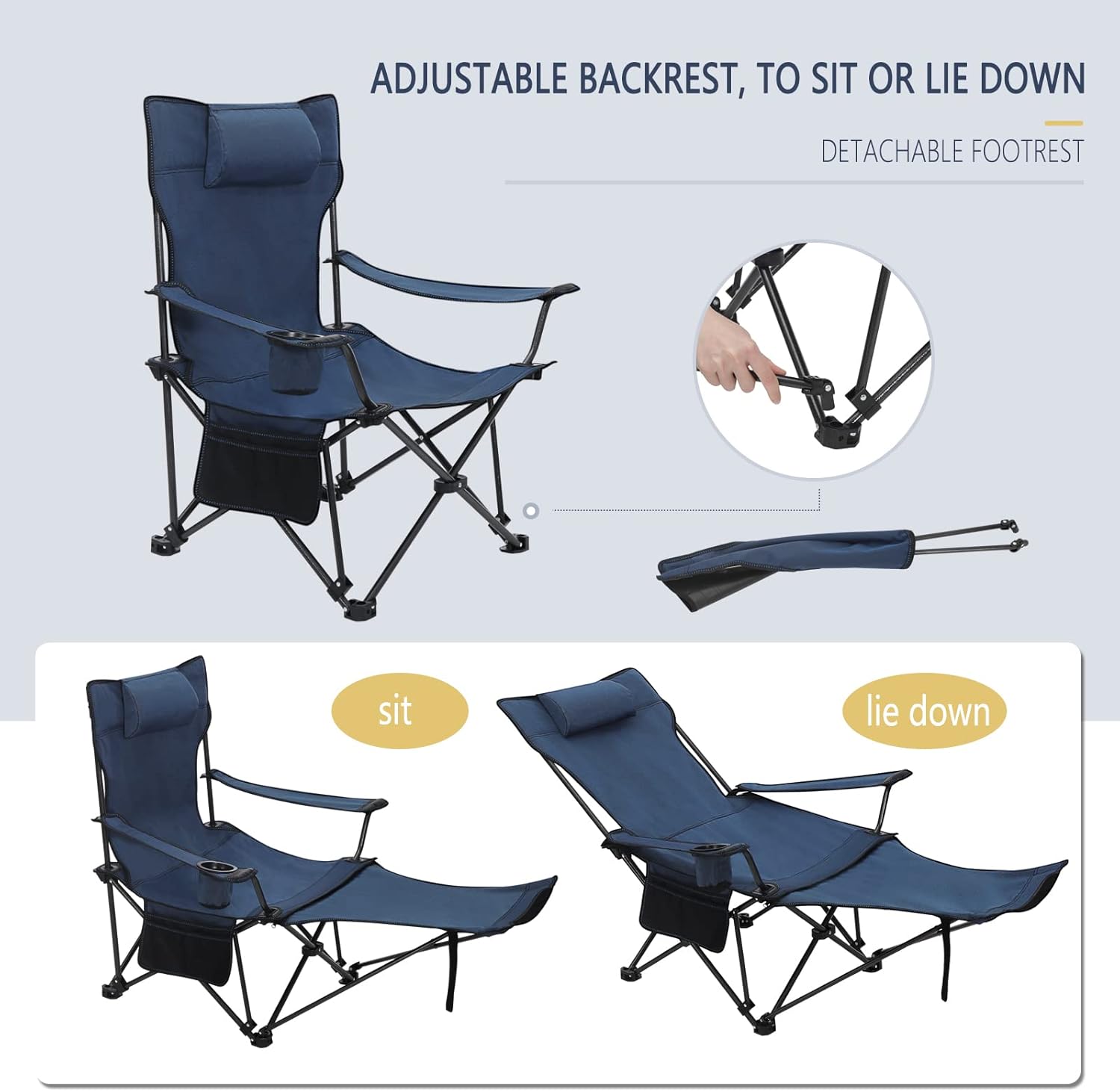 2 Pack Blue Reclining Camping Chairs with Footrest Set