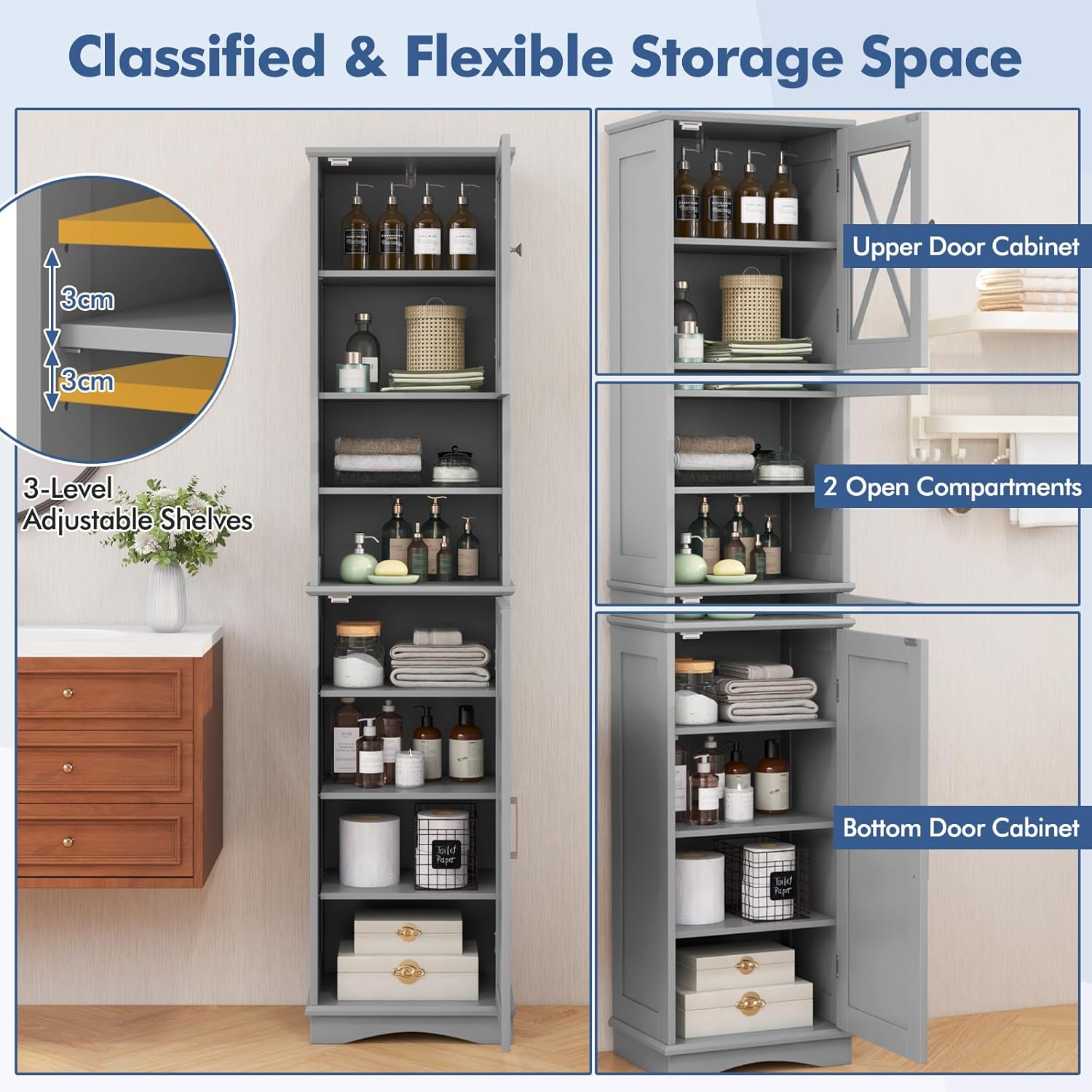 Grey Tall Bathroom Cabinet Slim Storage Unit 2 Door Shelves