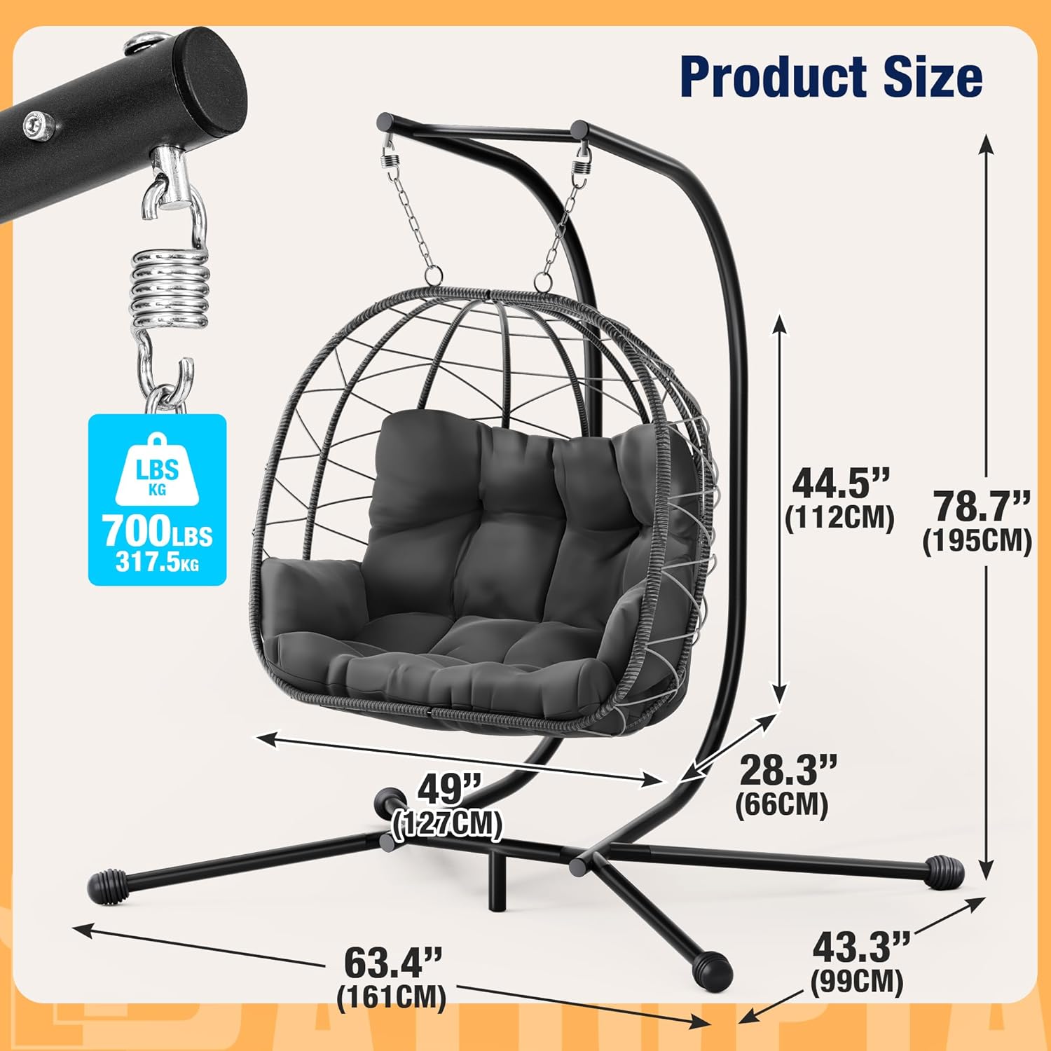 Double Egg Chair with Stand Rattan Swing Seat Grey