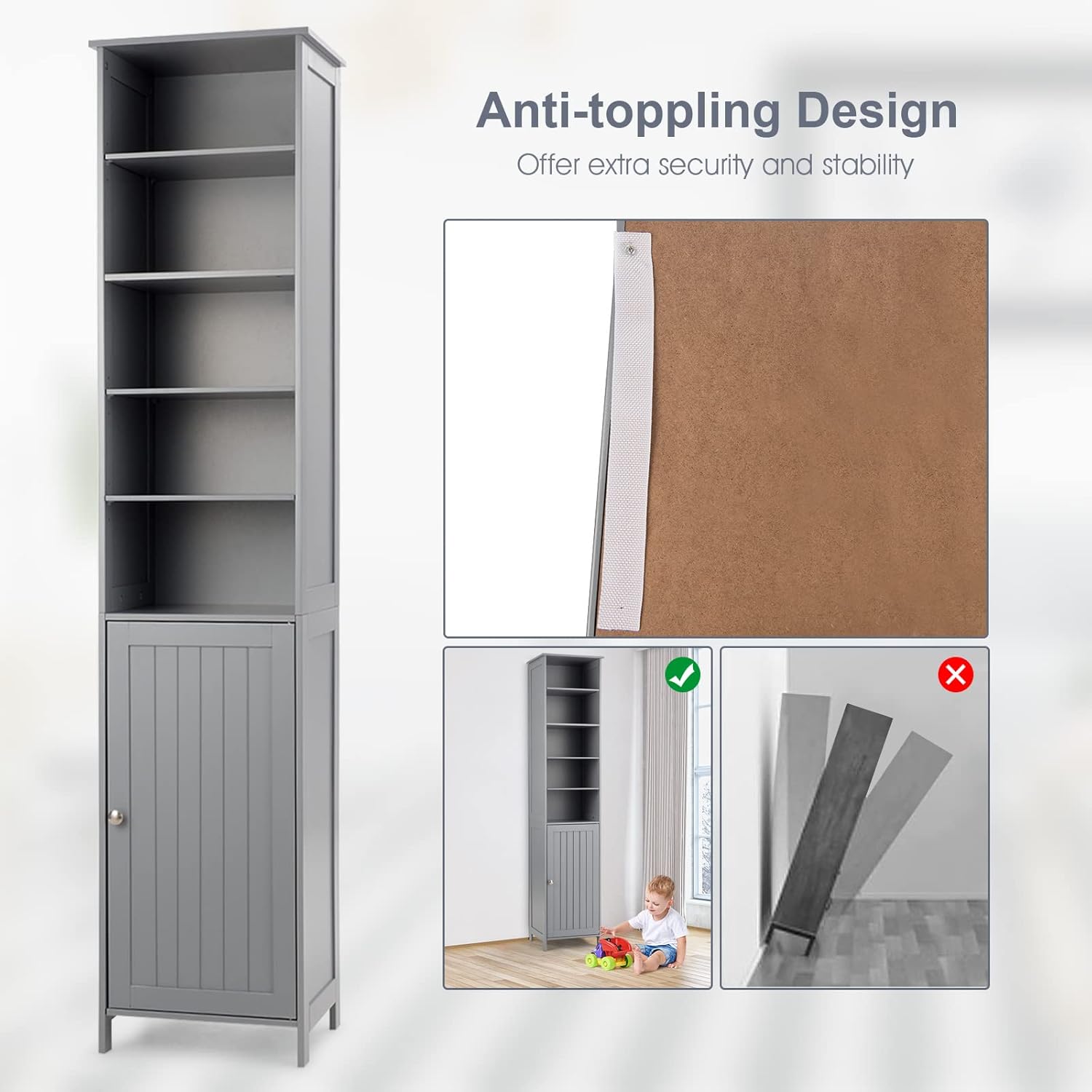 Tall Bathroom Storage Cabinet Shelf Cupboard Grey