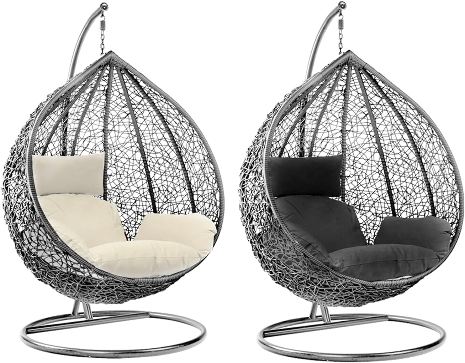 Rattan Hanging Egg Chair with Stand Cushion Grey White