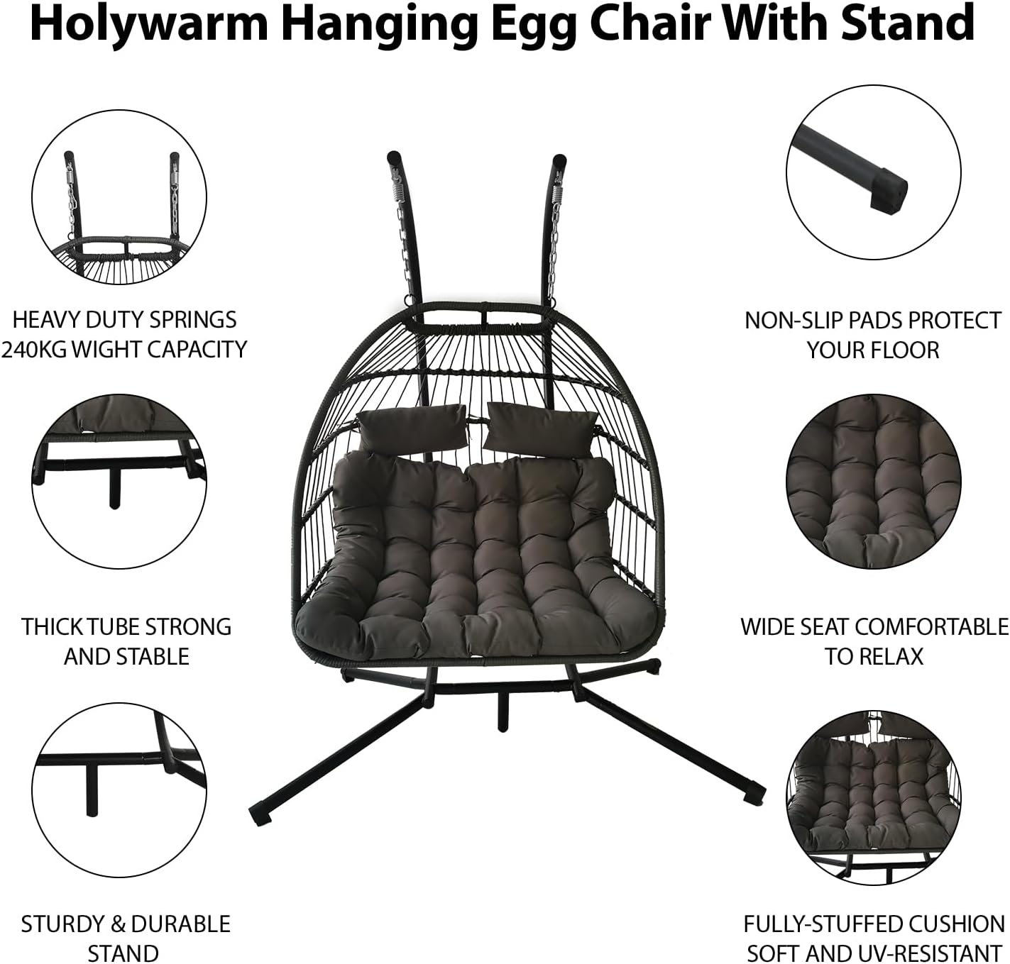 Double Rattan Swing Chair with Stand Cushion Grey