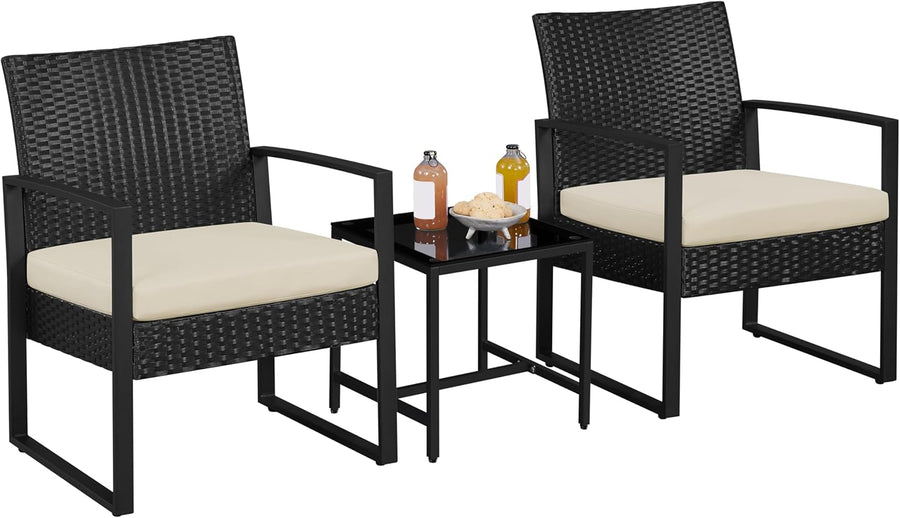 3 Piece Rattan Garden Furniture Set Patio Chairs Table Black