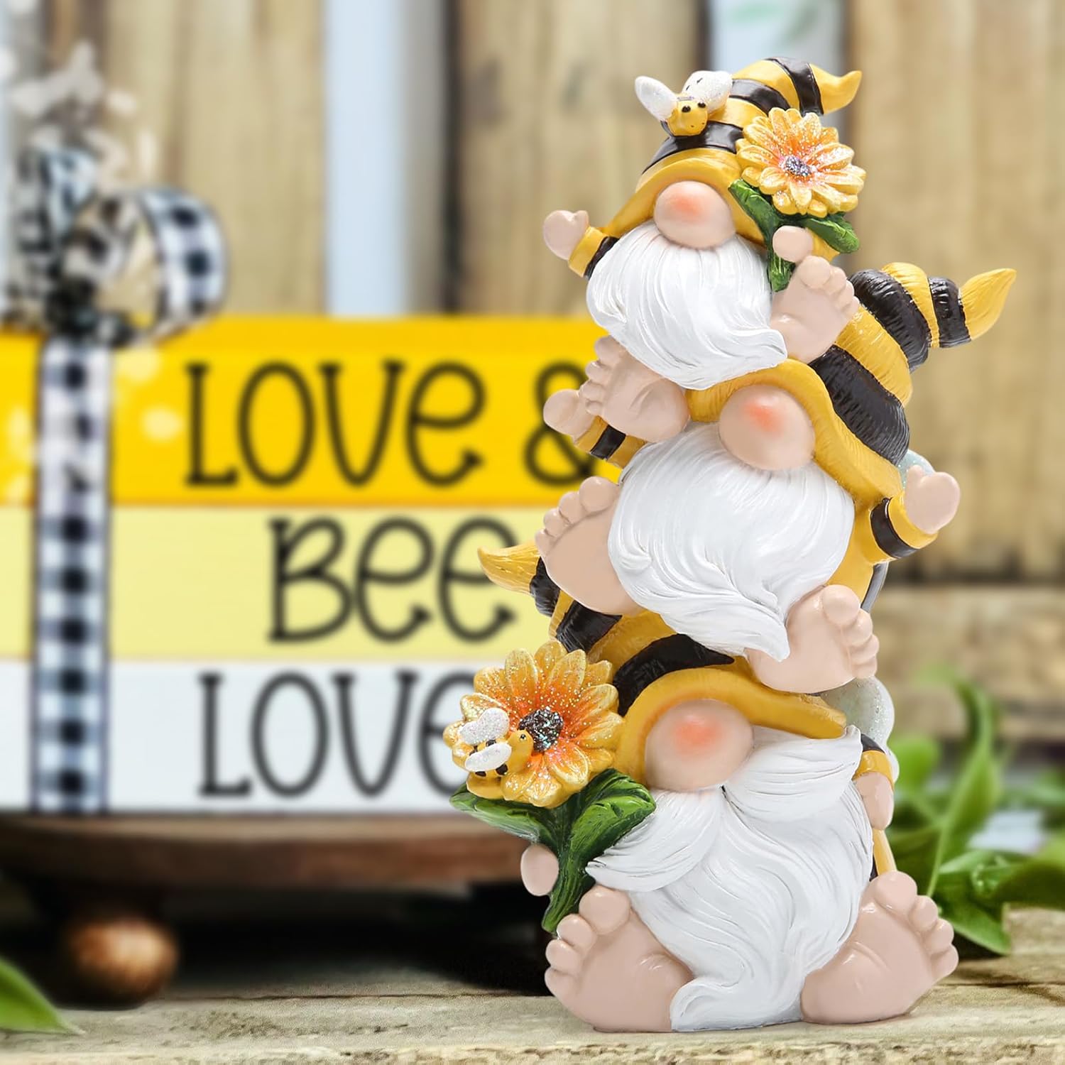 Bee Gnome Figurine Stacked Garden Decor Cute Summer Home