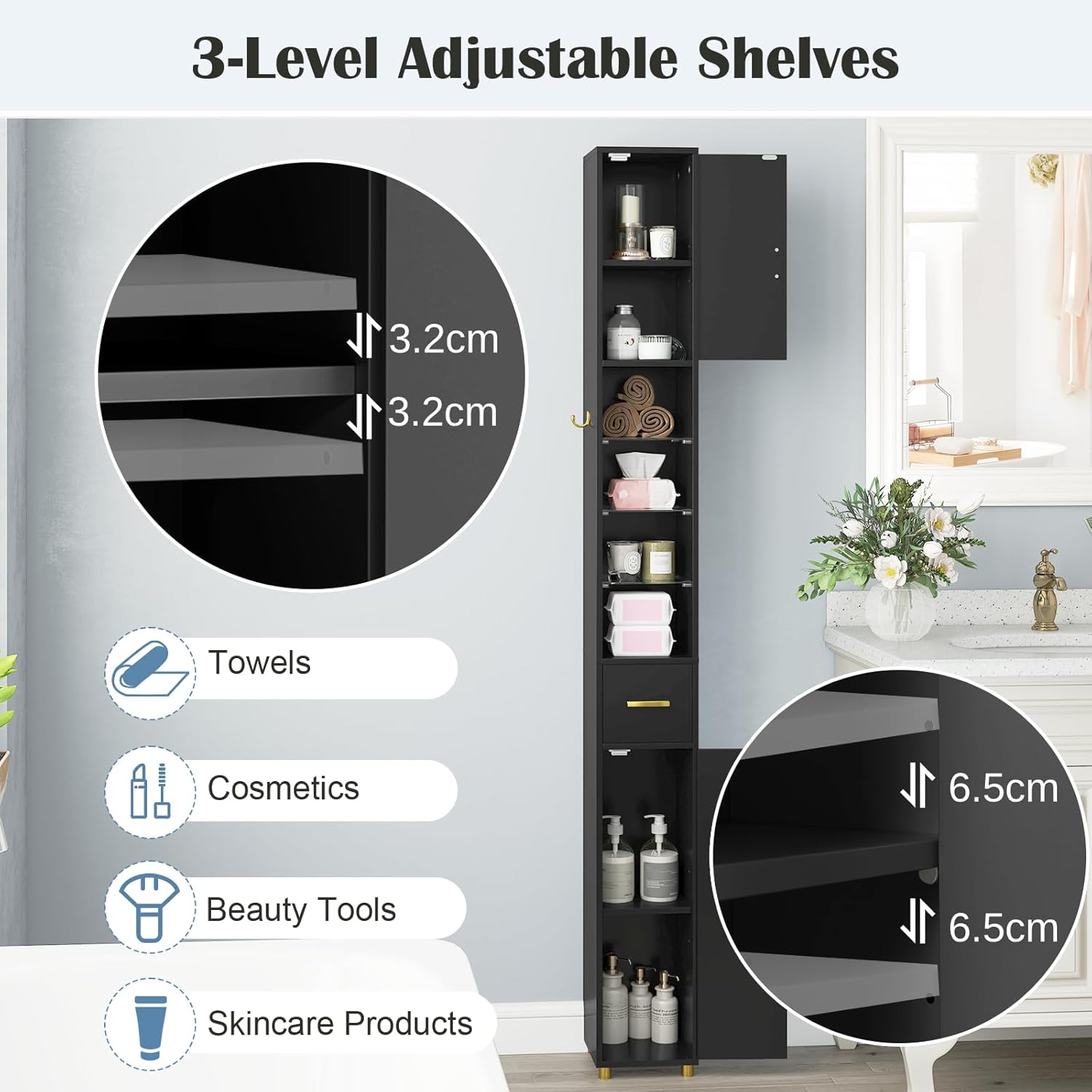 Tall Slim Bathroom Cabinet LED Light Drawer Shelves Black 180cm