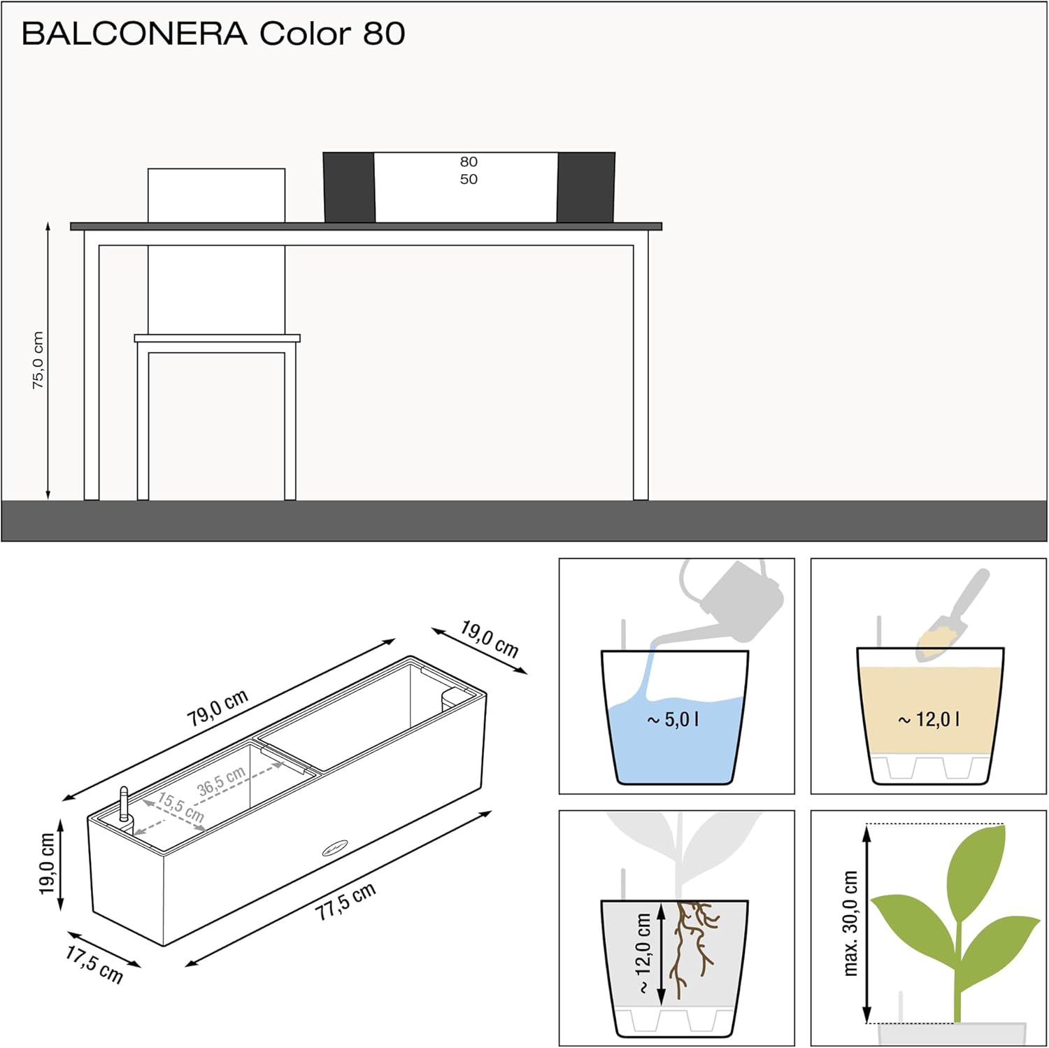 80cm Self Watering Window Box Planter White Balcony Pot