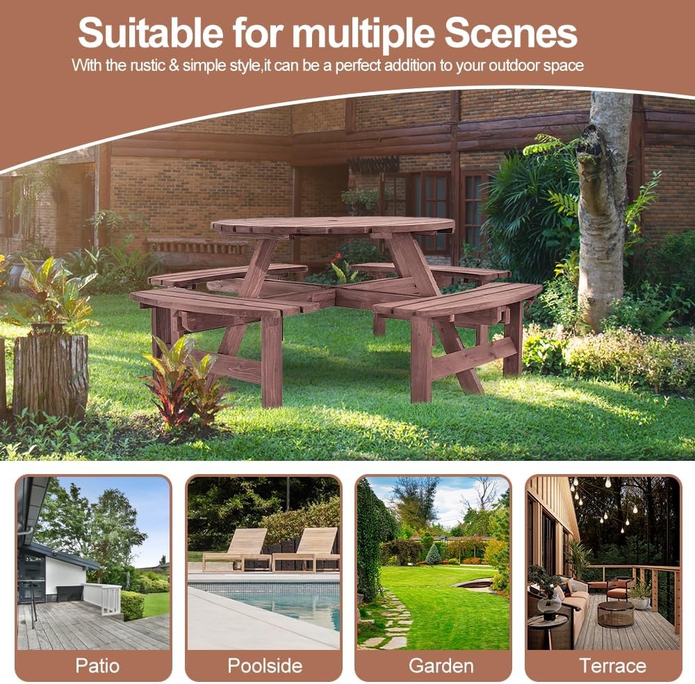 Round Wooden Picnic Table Set for 8 with Benches & Parasol Hole
