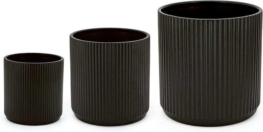 Ceramic Plant Pots Set of 3 Black Fluted Planters 15 20 25cm