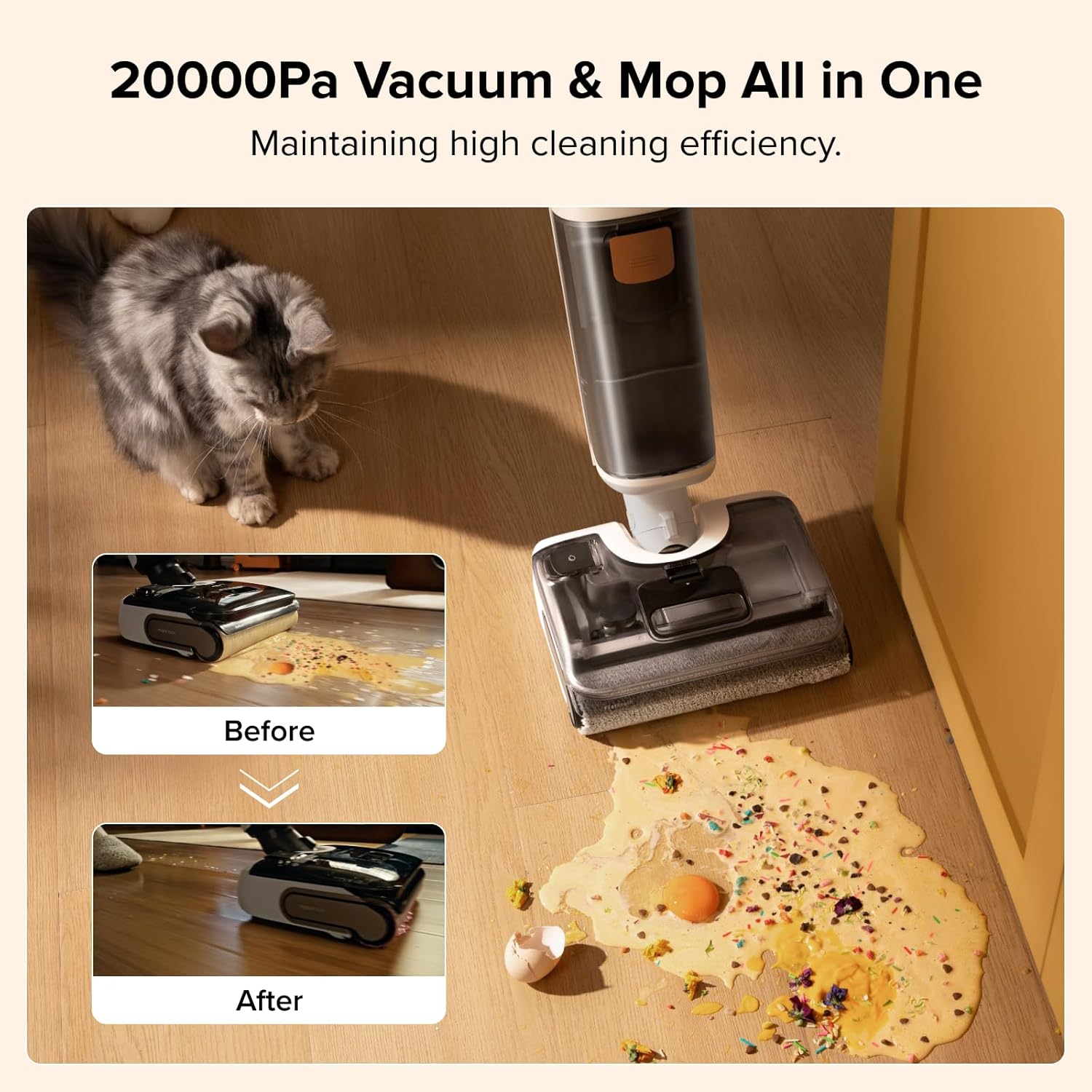 Cordless Wet Dry Vacuum 20000Pa Floor Washer Self Clean Light