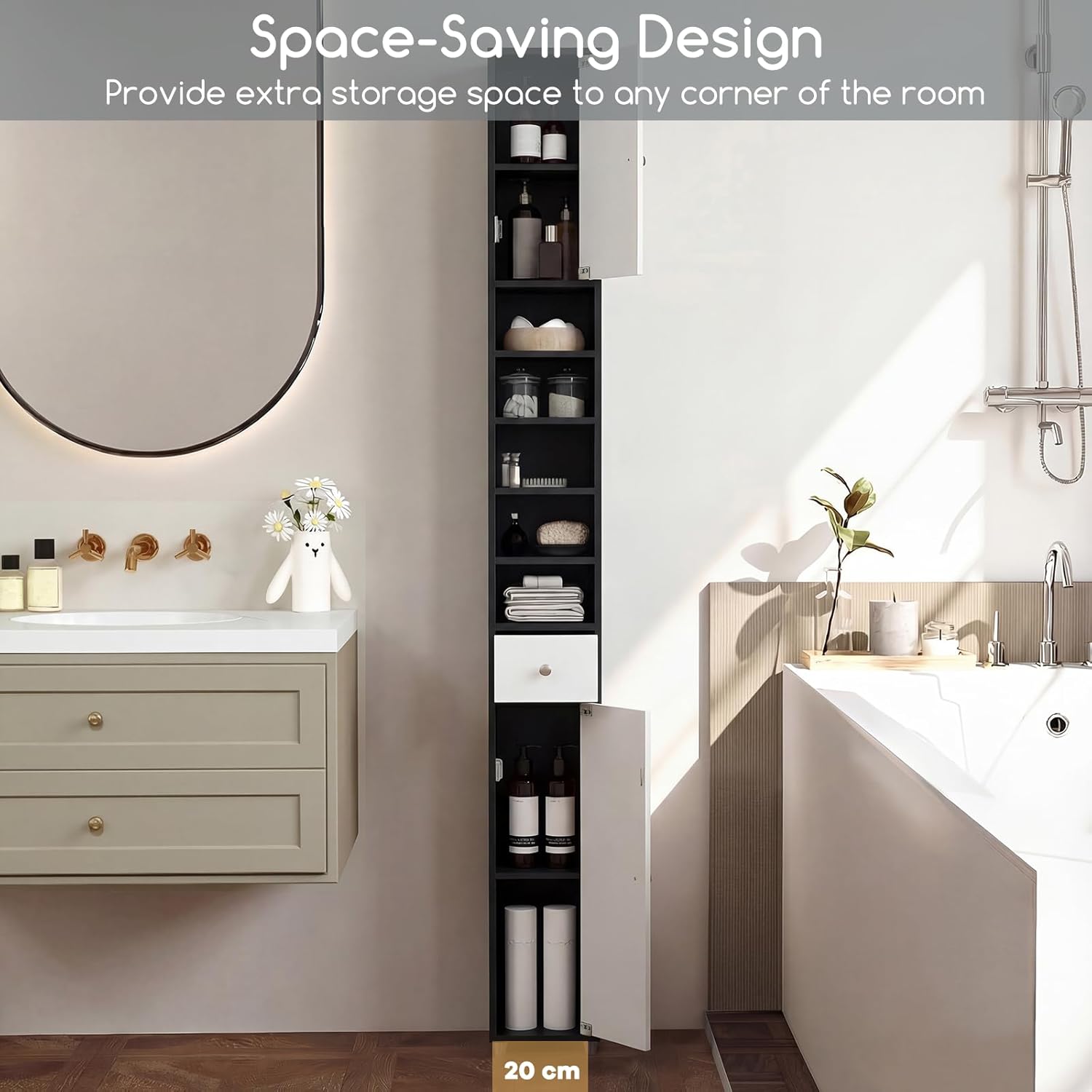 Tall Slim Bathroom Storage Cabinet Drawer Shelves Black White