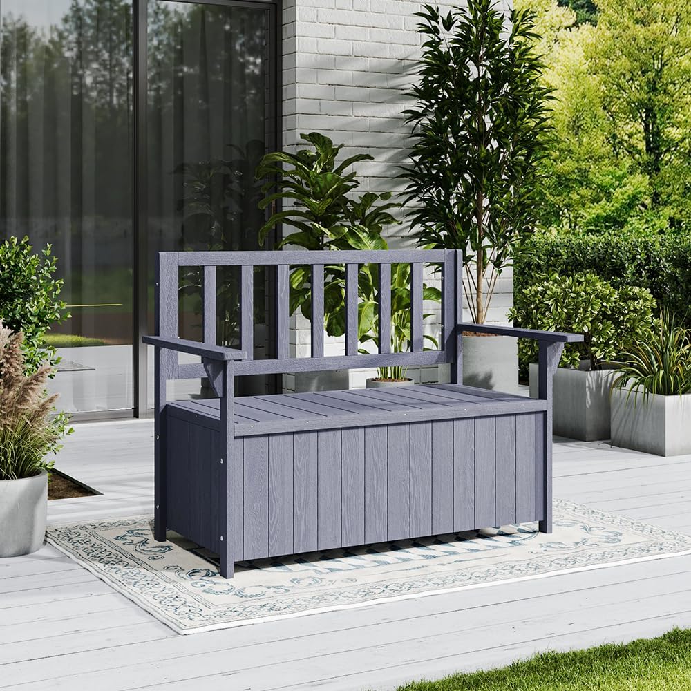 2 Seater Wooden Garden Storage Bench 135L Outdoor Patio Seat Grey