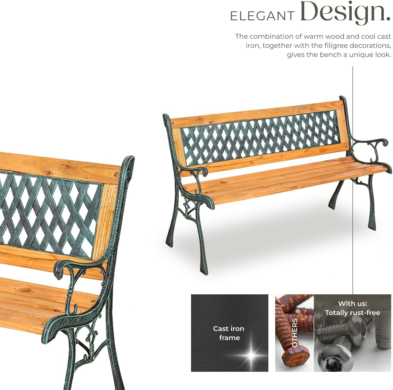 2 Seater Garden Bench Wooden Slats Cast Iron Patio Park Seat