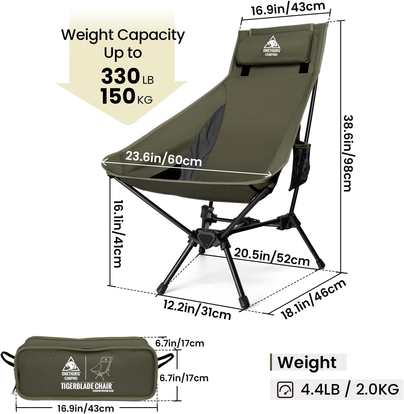 High Back Camping Chair with Pillow 150kg Green