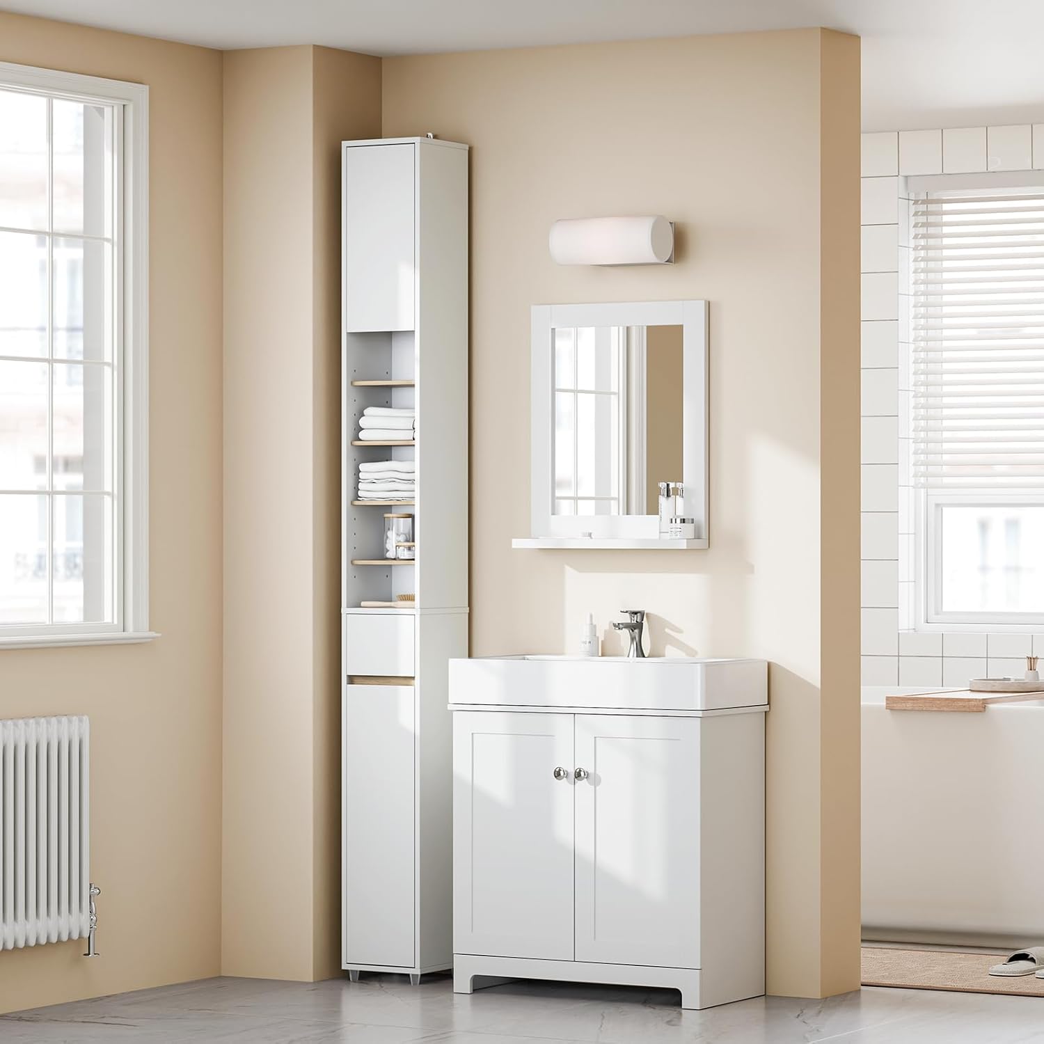 Slim Tall Bathroom Storage Cabinet 20cm White Natural 180cm