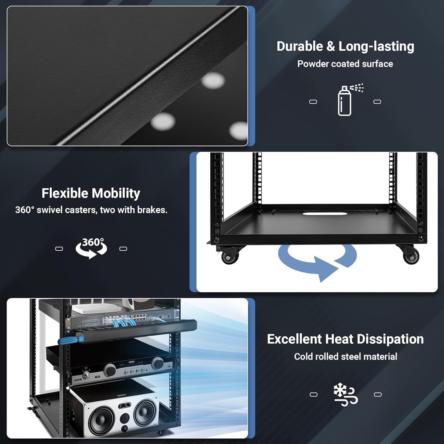 15U Open Frame Server Rack with Wheels 2 Shelves
