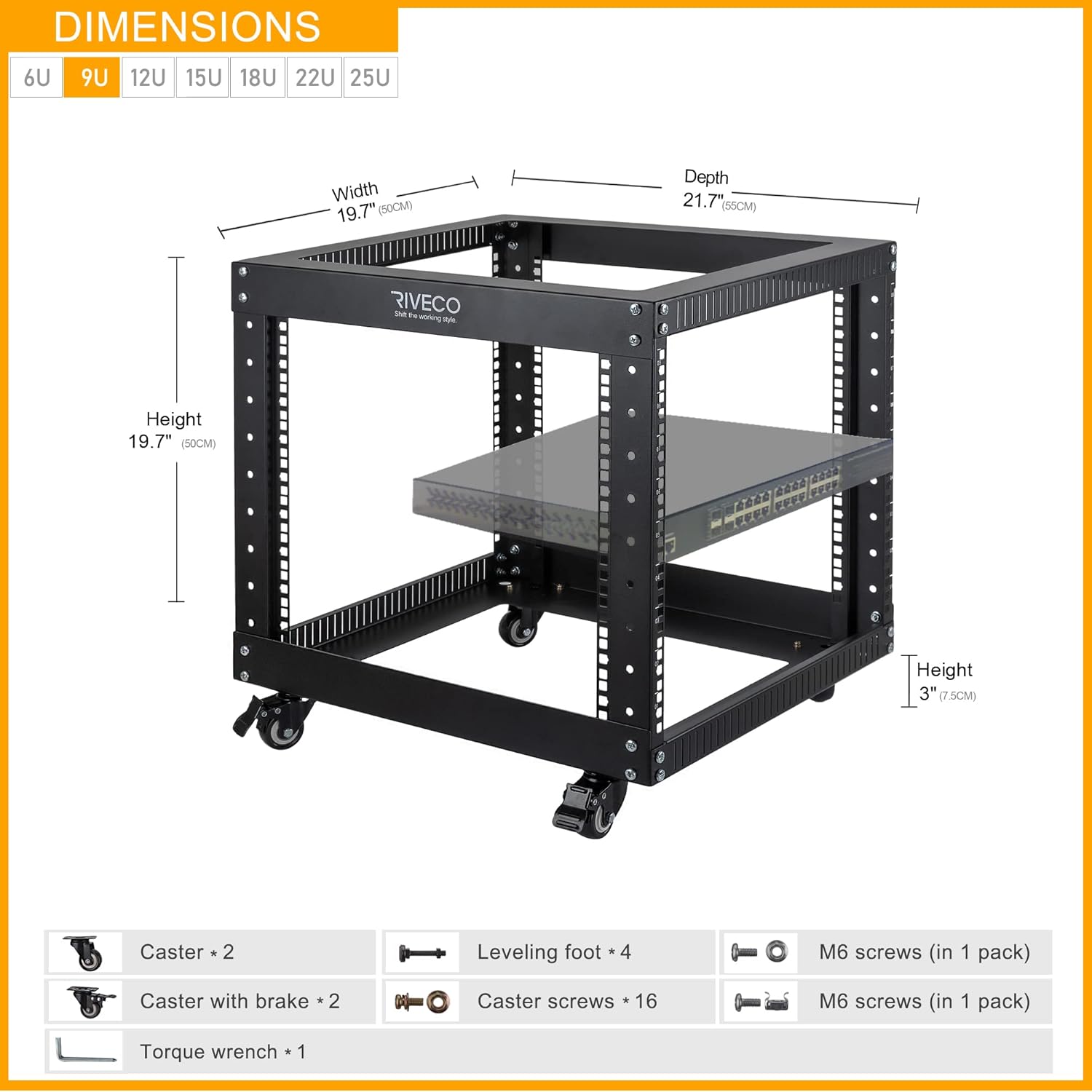 9U Open Frame Server Rack with Wheels 19 Inch Heavy Duty