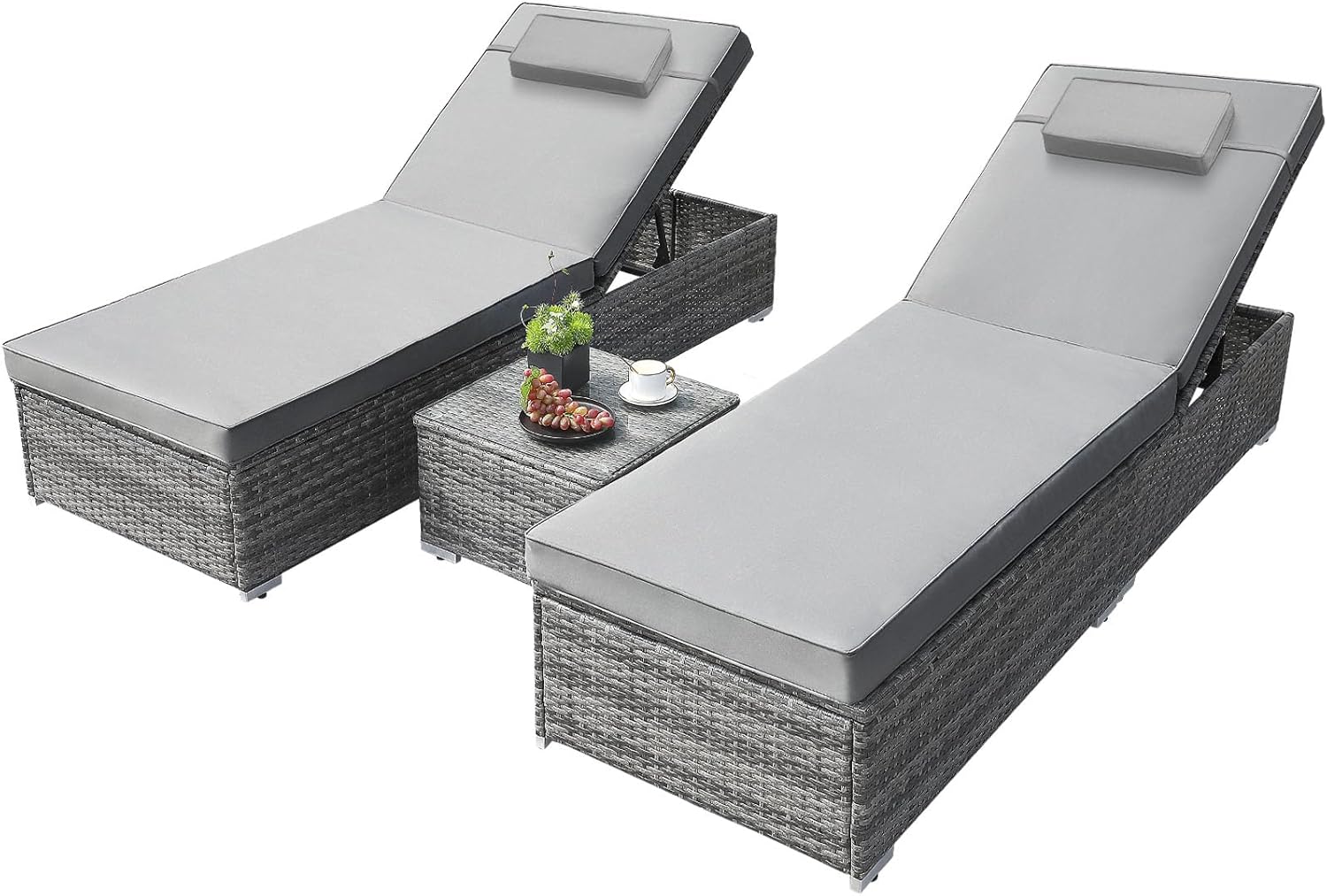 3 Piece Rattan Sun Lounger Set Recliner Day Bed Table Grey
