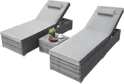 3 Piece Rattan Sun Lounger Set Recliner Day Bed Table Grey