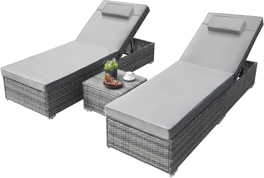 3 Piece Rattan Sun Lounger Set Recliner Day Bed Table Grey