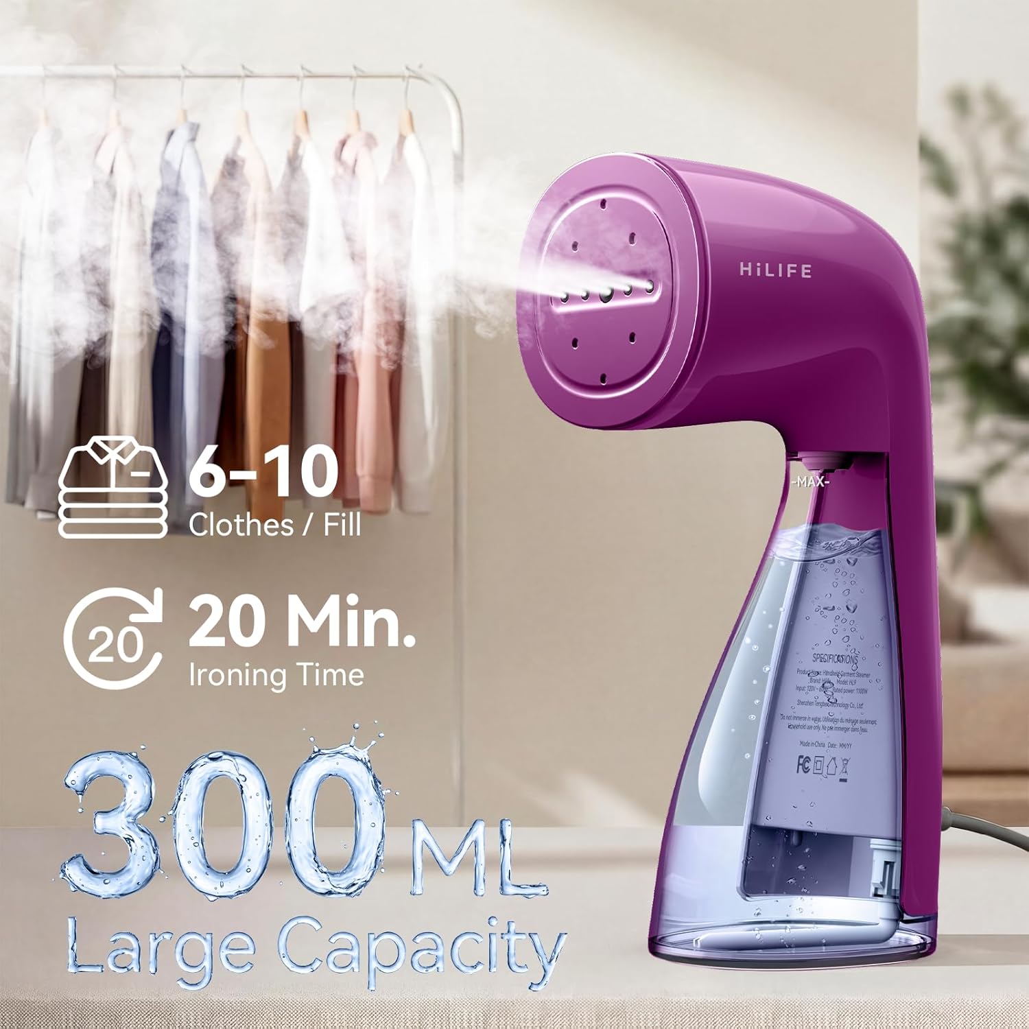 Handheld Garment Steamer 1100W 300ml Tank Portable Travel