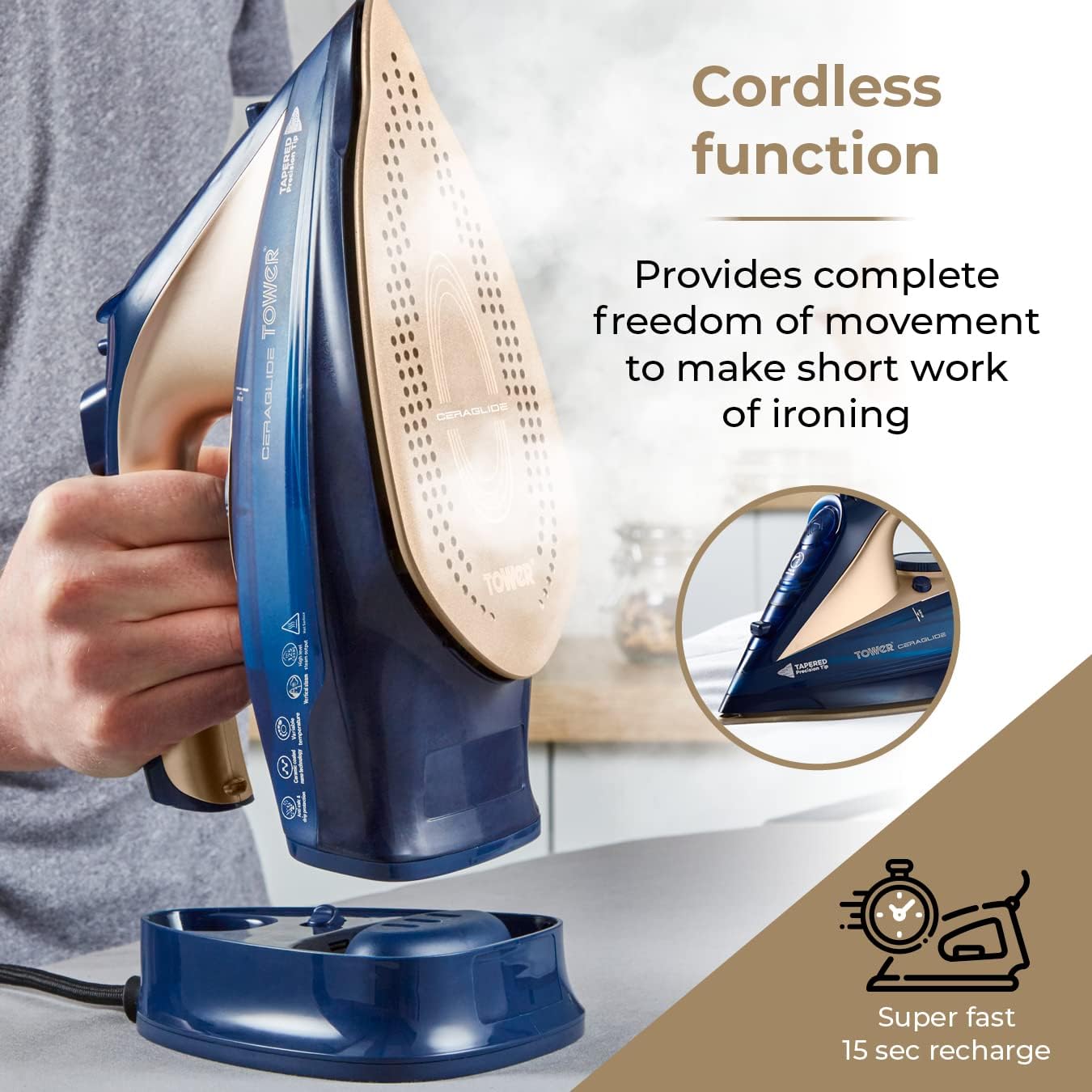 Cordless Steam Iron 2400W Ceramic Soleplate Variable Steam Auto Reheat