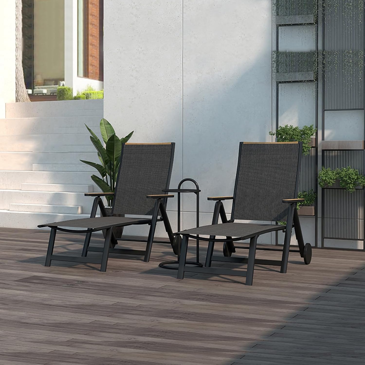 Folding Sun Lounger with Wheels 6 Position Aluminum Recliner