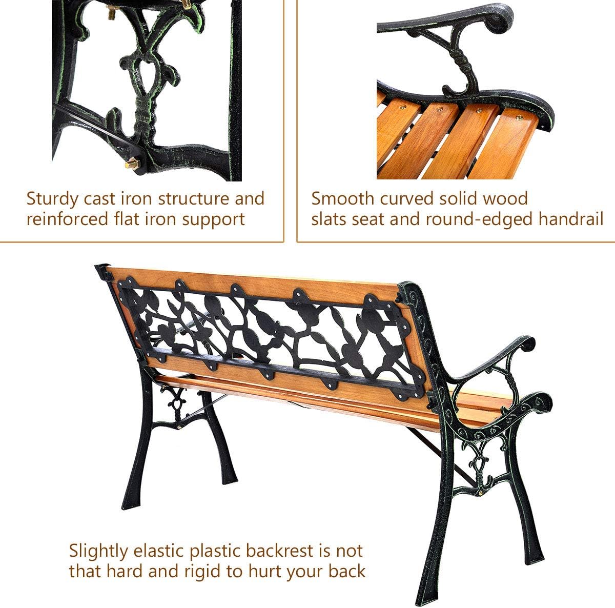 3 Seater Wooden Garden Bench Cast Iron Frame Patio Seat