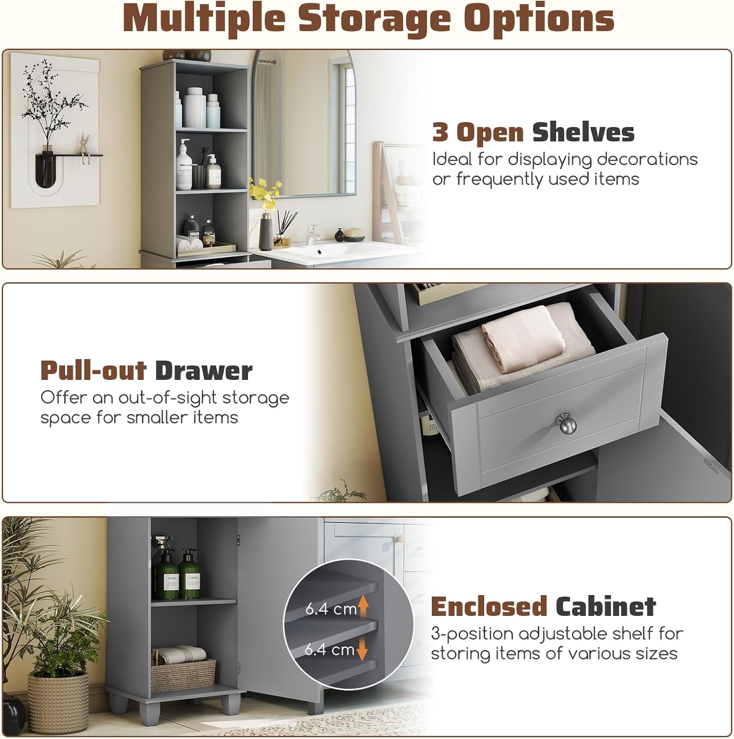Tall Slim Storage Cabinet Grey Drawer Shelves Door Unit