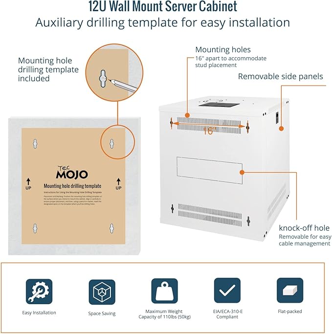 12U Wall Mount Server Cabinet 450mm Glass Door White