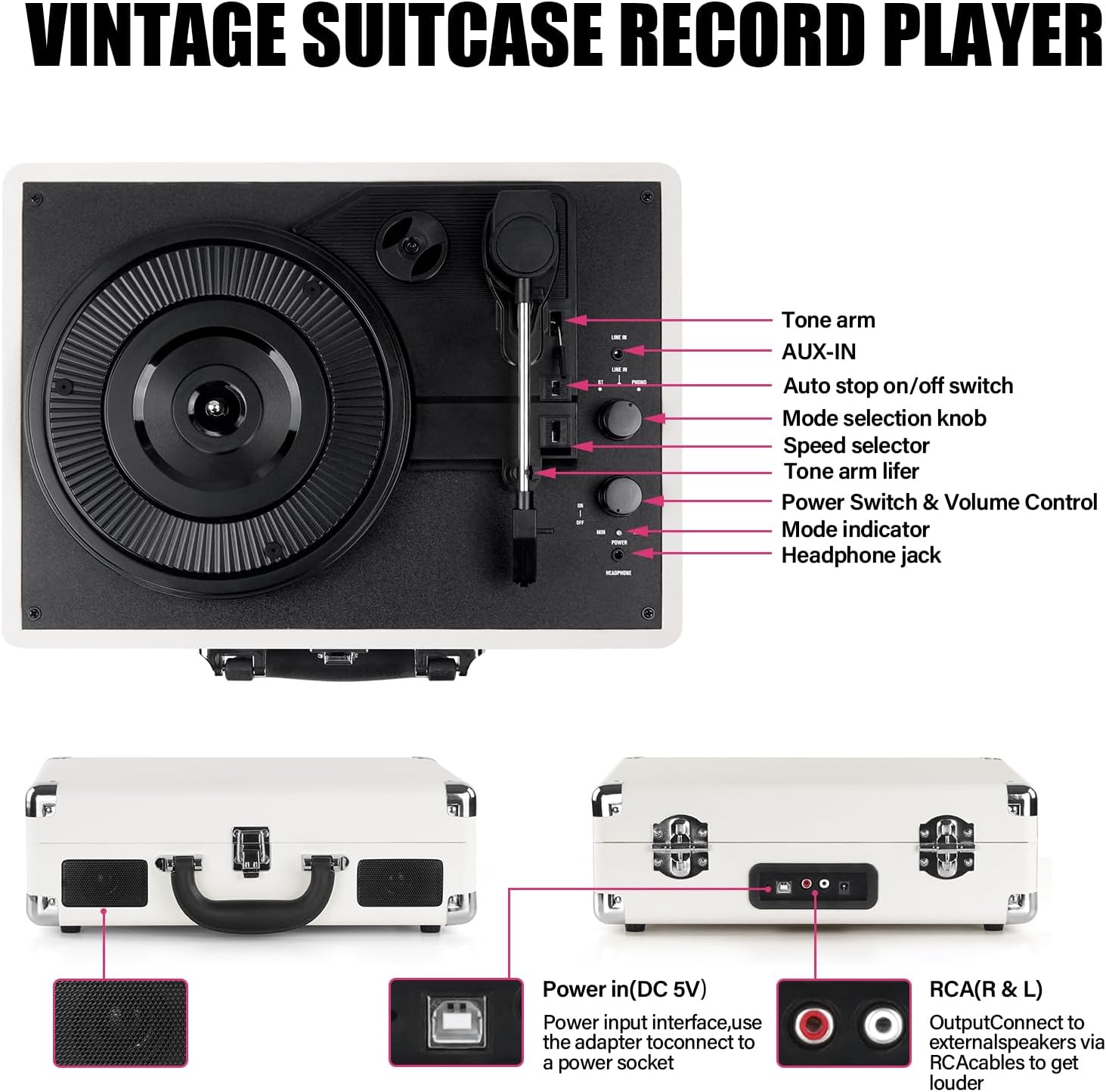 Portable Bluetooth 3-Speed Vinyl Record Player with Built-In Speakers