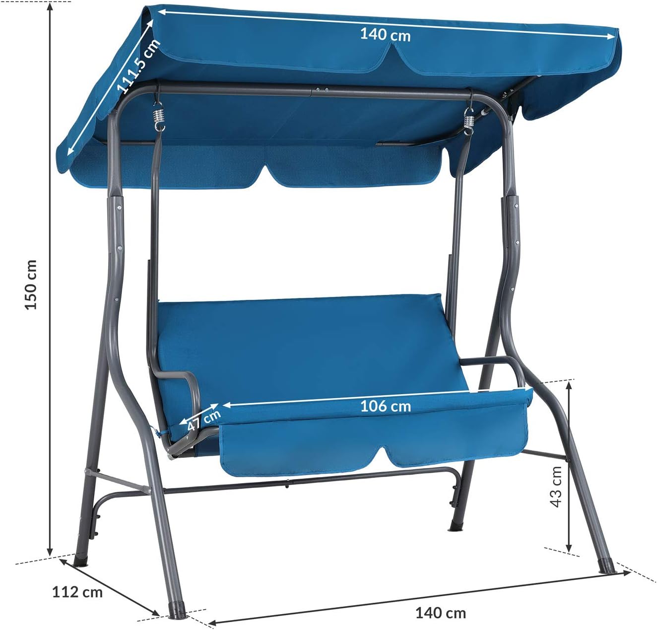 2 Seater Garden Swing Chair Adjustable Canopy Cushioned Blue Seat
