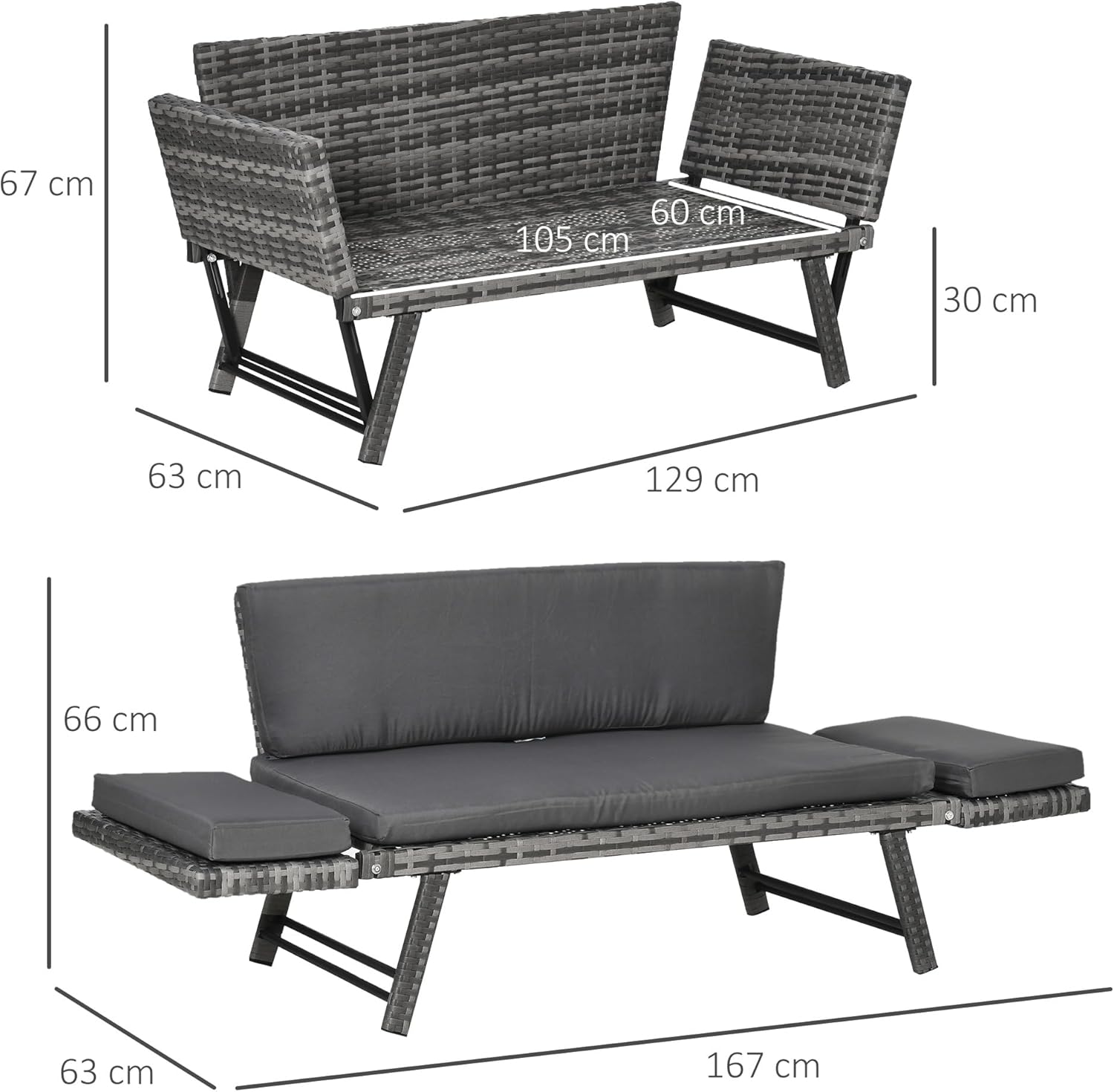 Rattan Garden Sofa Bed Convertible Daybed Grey
