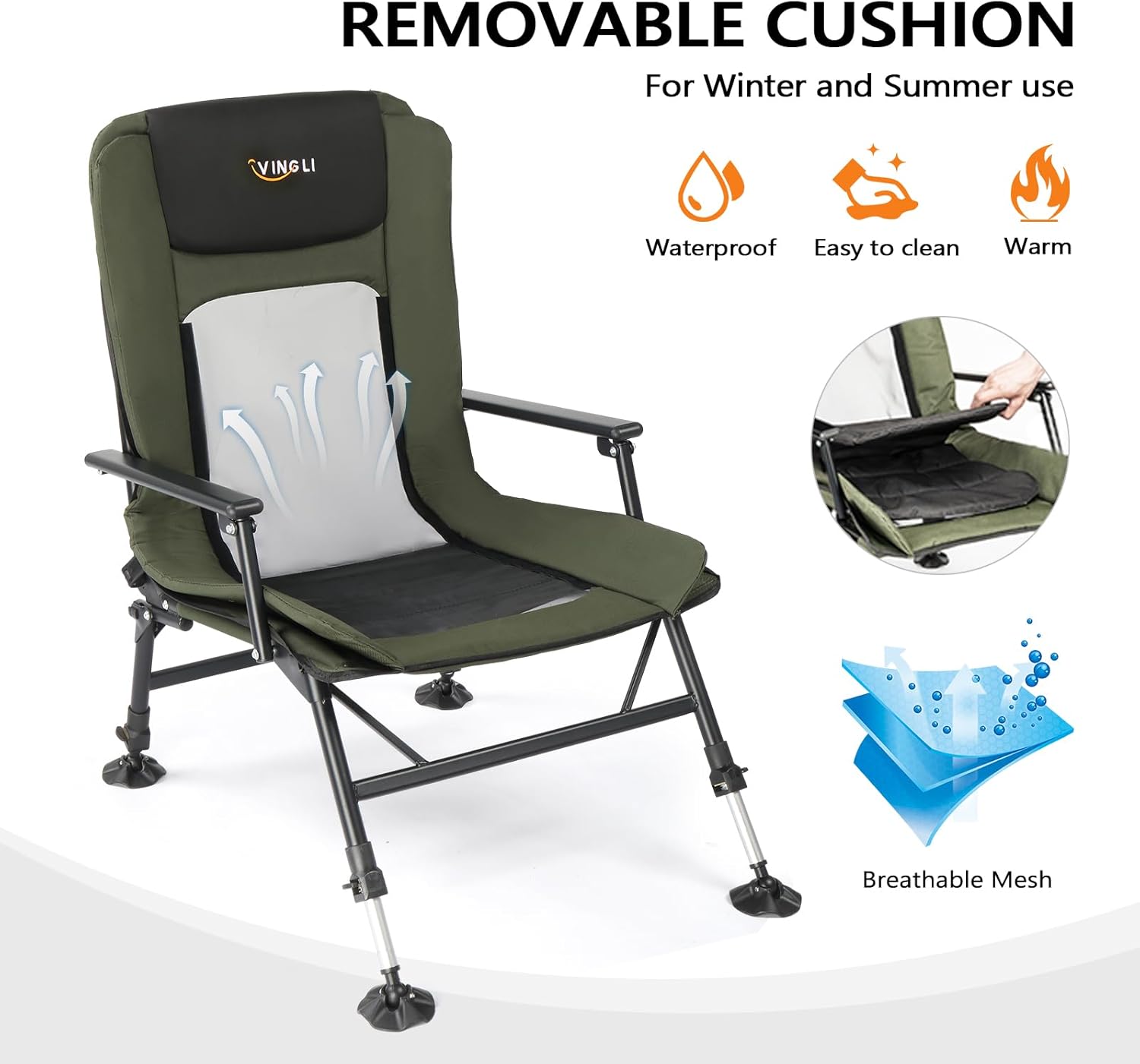 Reclining Fishing Chair Foldable Camping Seat Green