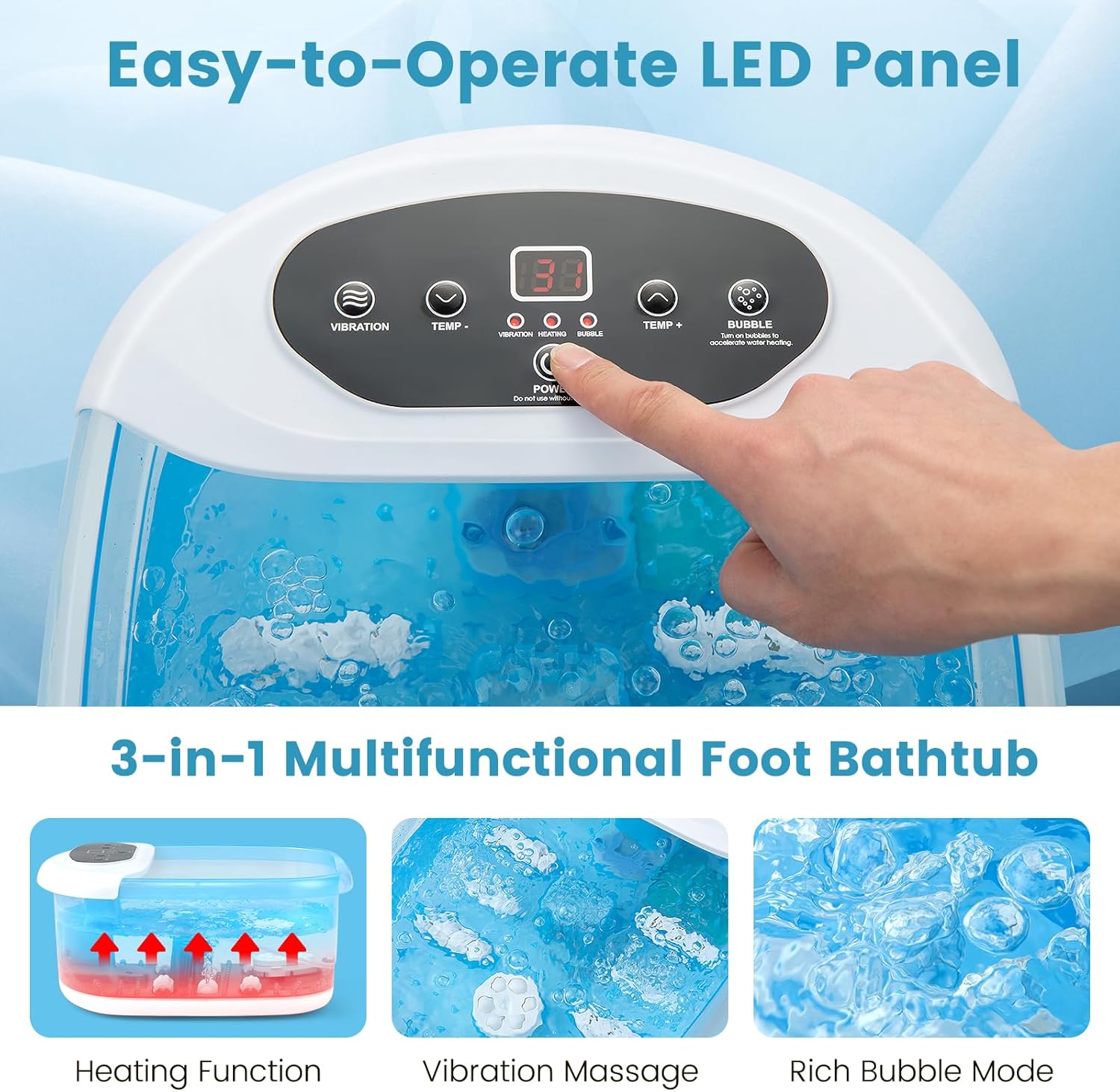 Foot Spa Massager Heat Bubble Vibration 12 Rollers Temp Control