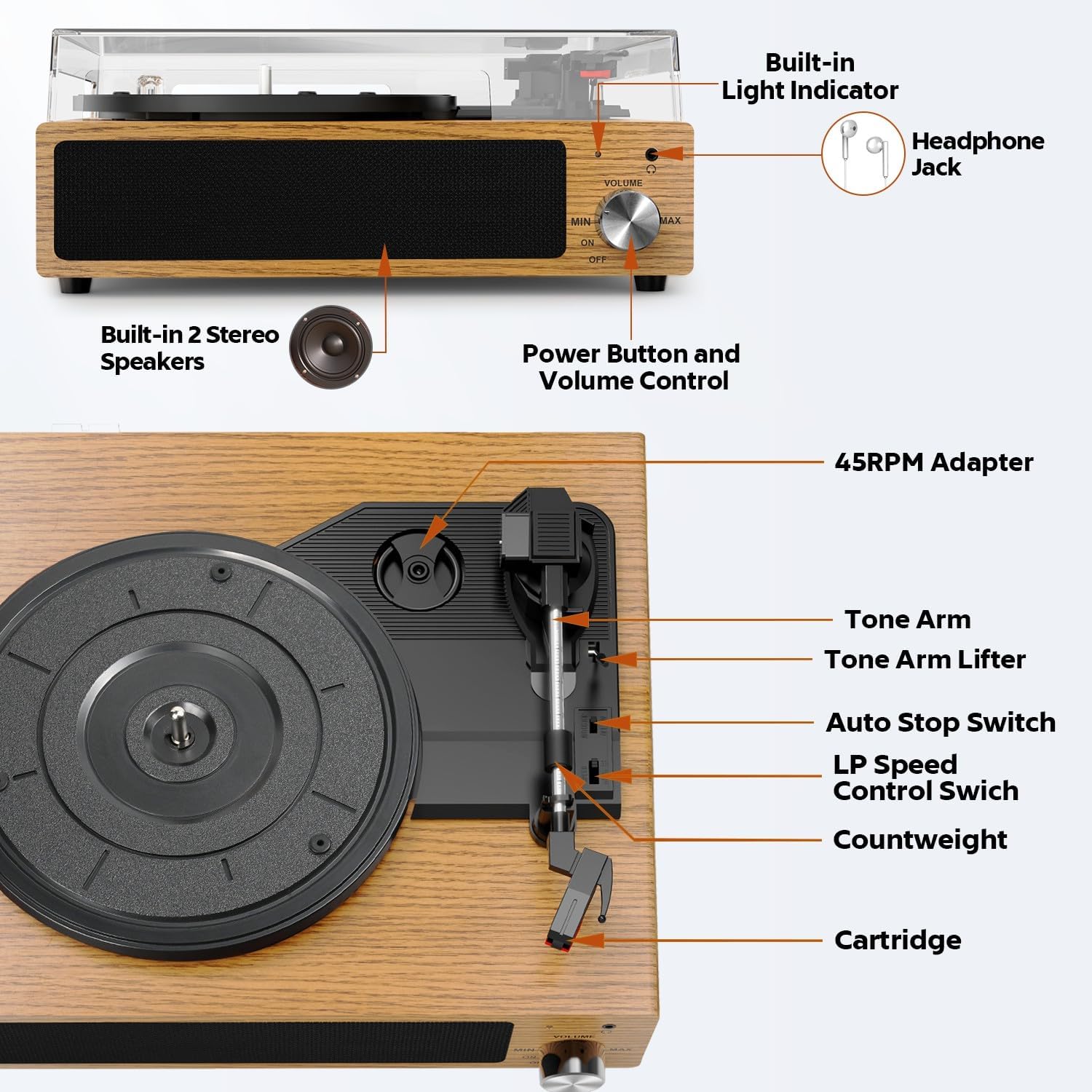 3-Speed Vinyl Turntable with Bluetooth, Built-in Speakers & RCA Output