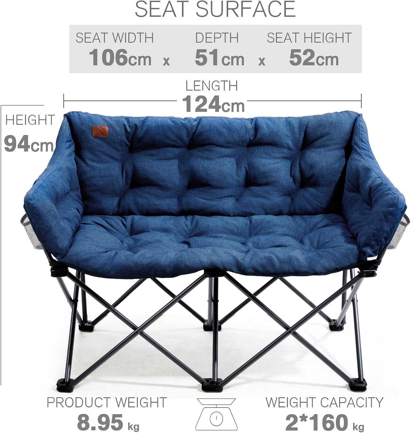 Double Folding Camping Sofa Chair 320kg Padded Blue
