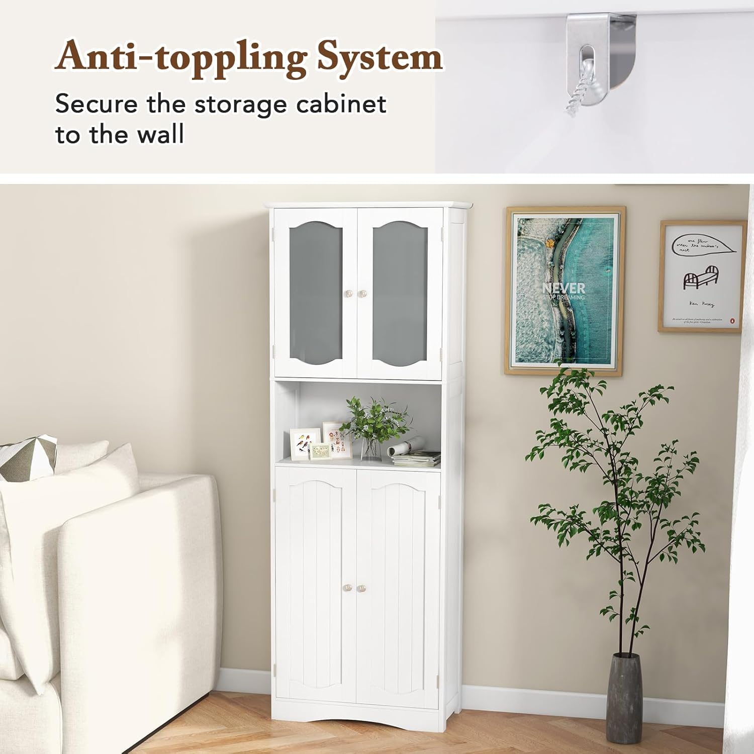 Tall Bathroom Storage Cabinet Glass Door Shelf Unit White