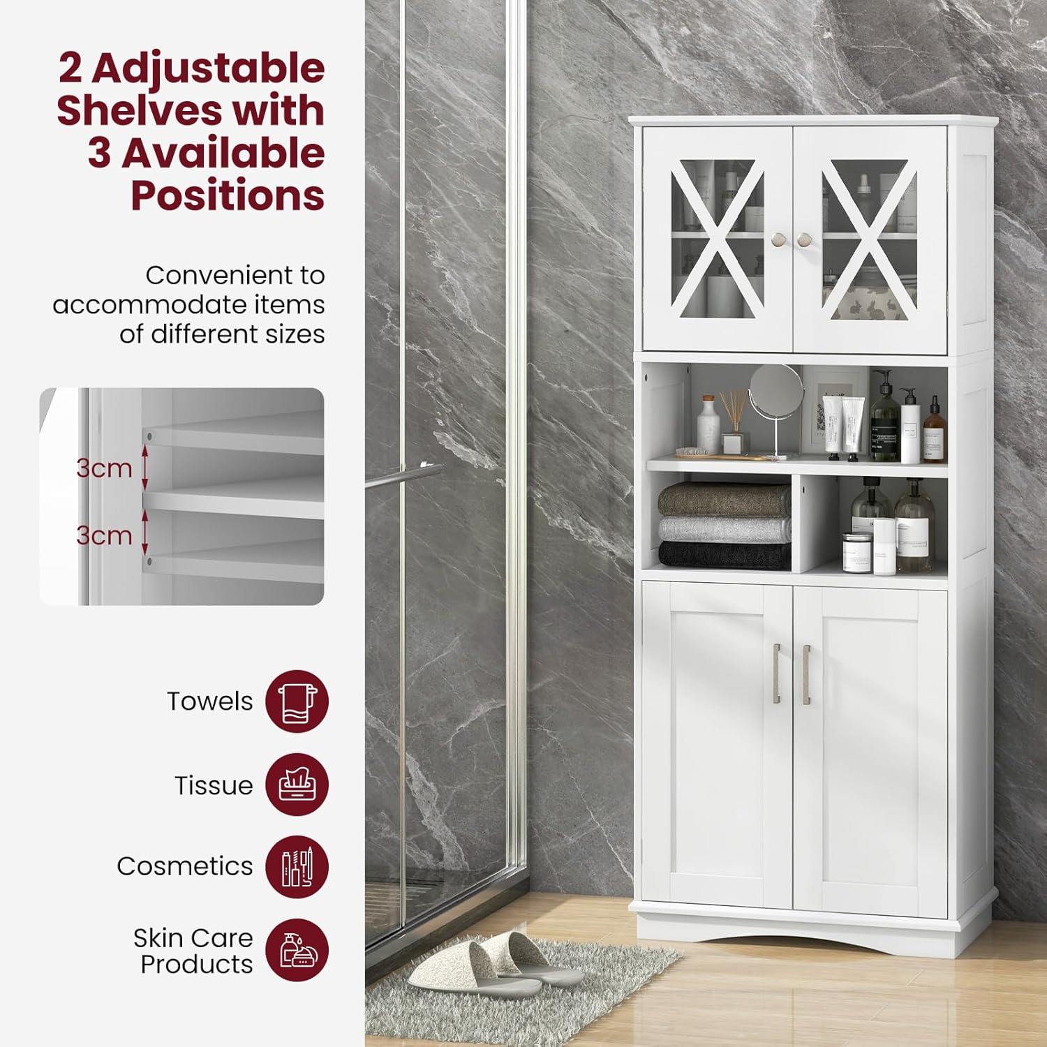 Tall Bathroom Storage Cabinet 4 Door Shelf Unit White