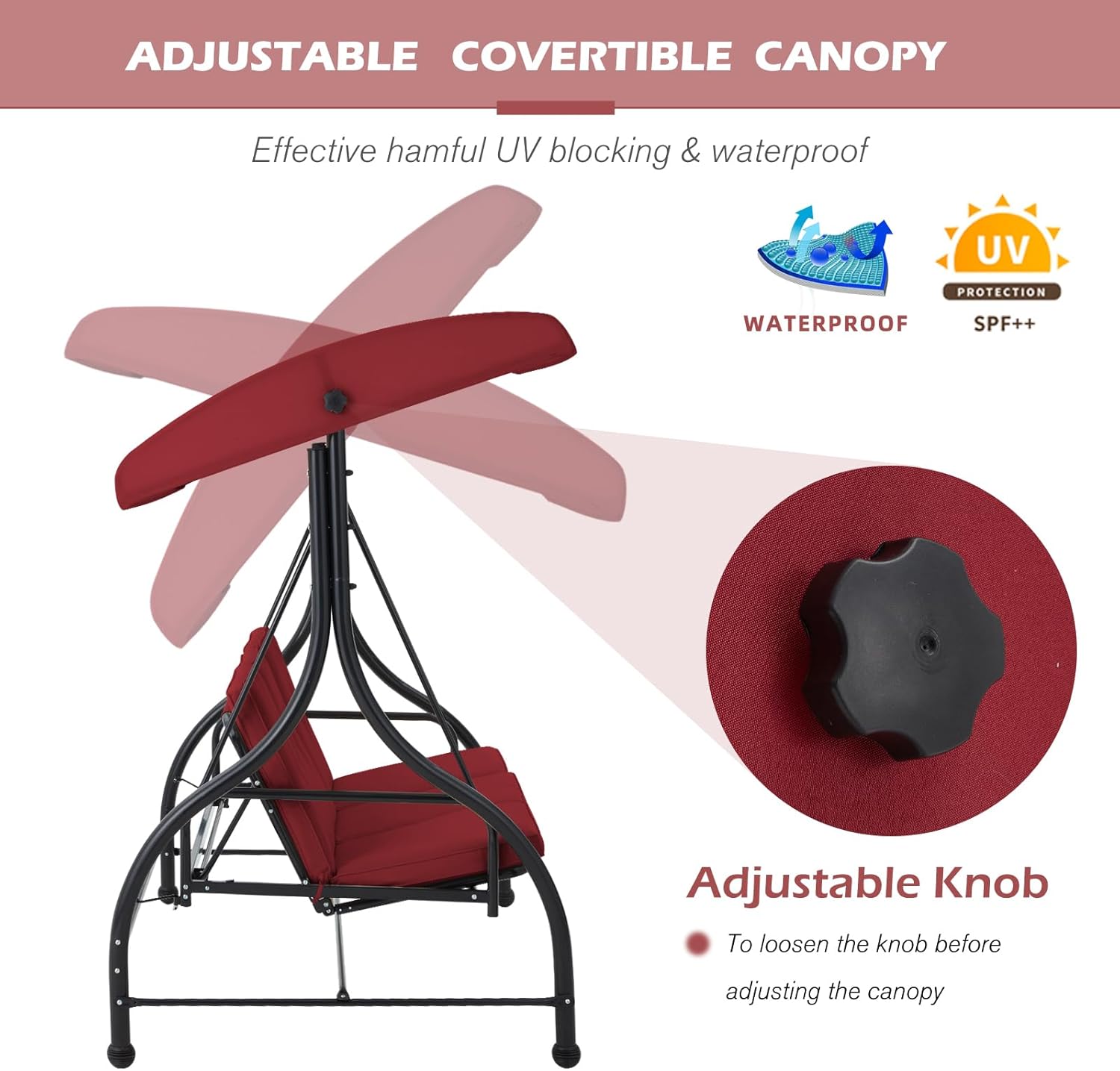 3 Seater Garden Swing Bed Red Canopy Cushion Steel