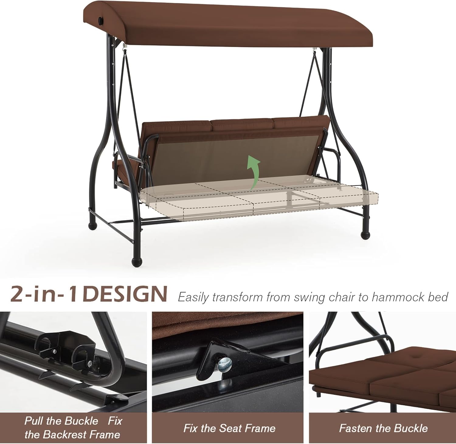 3 Seater Garden Swing Bed Brown Canopy Cushions Steel