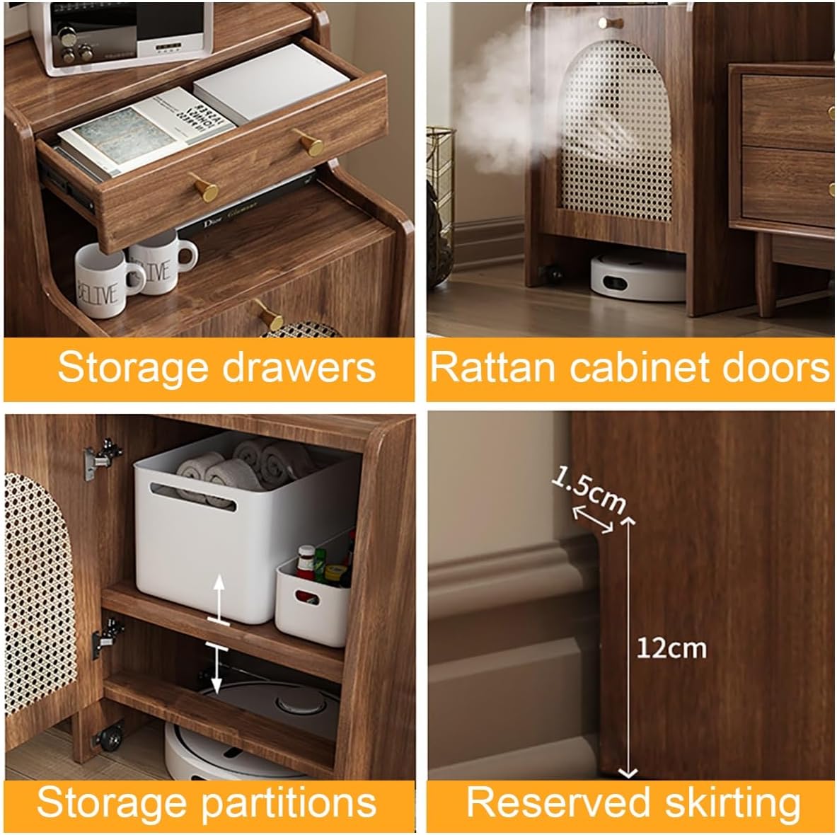 Robot Vacuum Storage Cabinet White Mobile Organizer Drawer Rattan Door