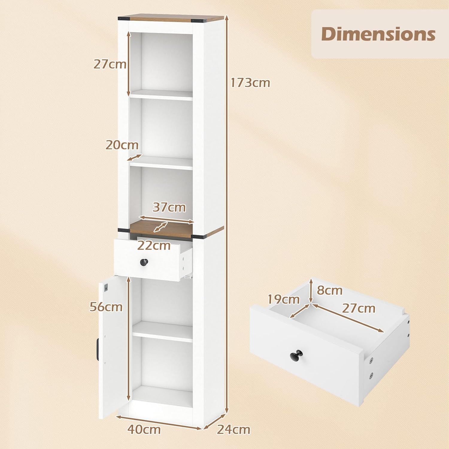 Farmhouse Slim Bathroom Tall Cabinet Barn Door Drawer Shelf Unit