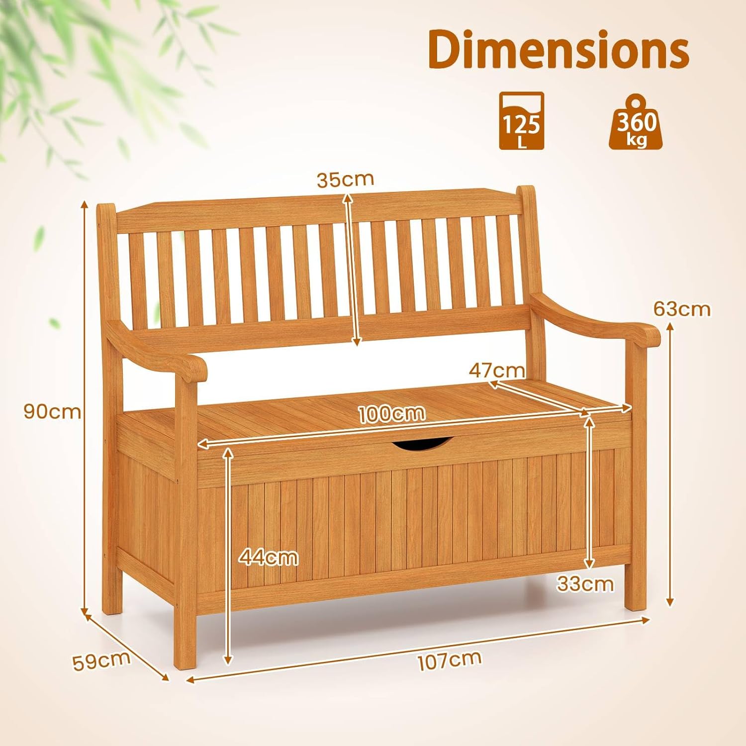 Acacia Wood Garden Storage Bench 2 Seater 125L Patio Seat